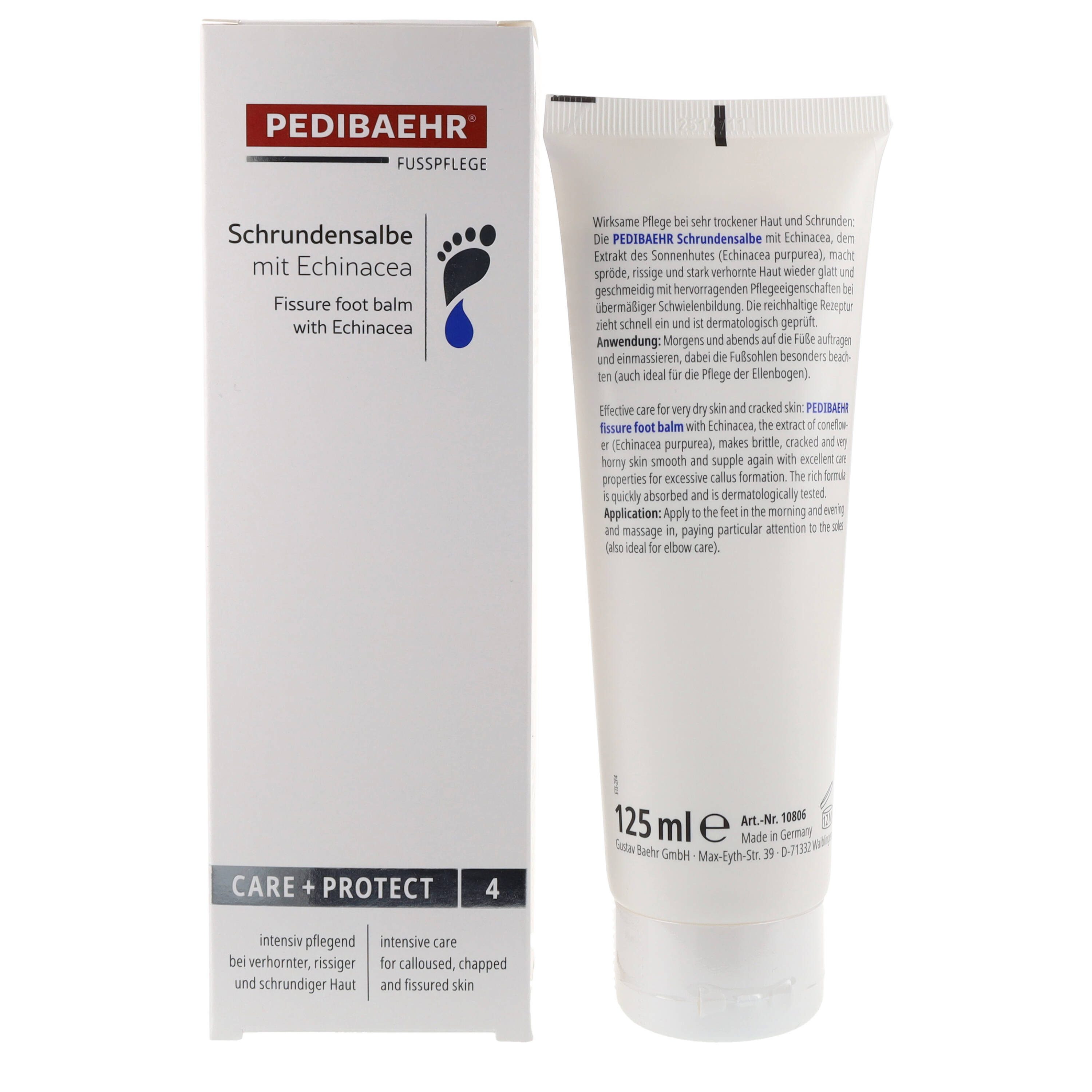 Pedibaehr Fußpflegecreme Pedibaehr Fuß-Schrundensalbe mit Echinacea 125ml reichhaltige Fußpflege, 1-tlg., ideal bei spröder, rissiger, stark verhornter Haut