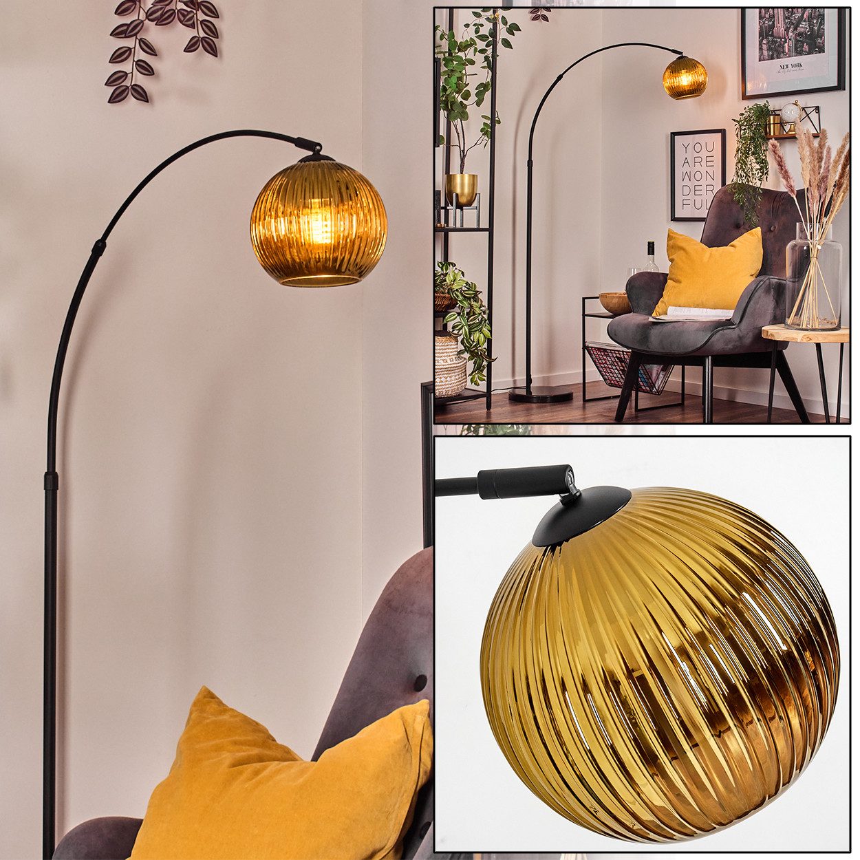 Stehlampe Stehlampe aus Metall/Riffelglas in Schwarz/Goldfarben mit Marmorfuß
