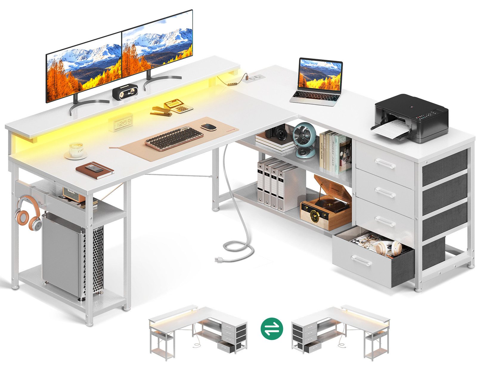 ODK Eckschreibtisch mit Schubladen und Steckdosen, 155×110cm, Alles Weiß günstig online kaufen
