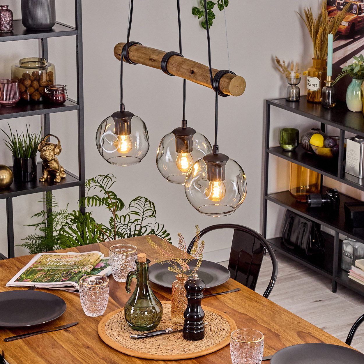 hofstein Pendelleuchte Hängelampe aus Metall/Holz/Glas in günstig online kaufen