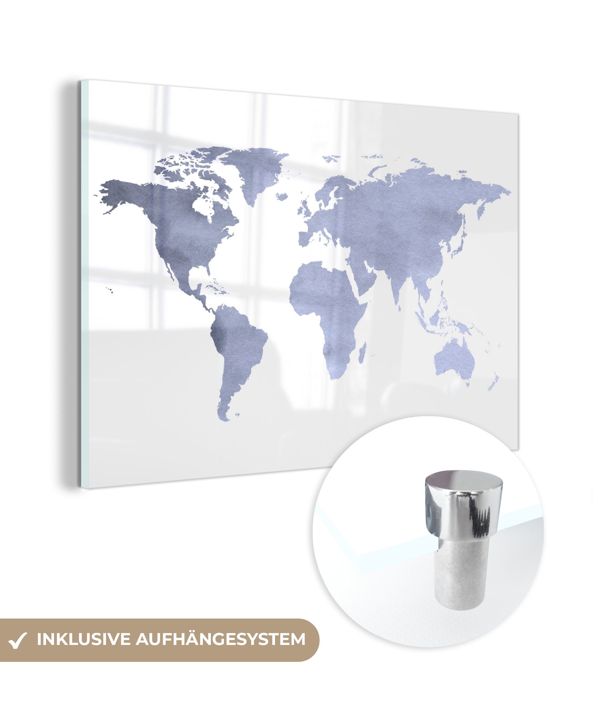 MuchoWow Acrylglasbild Weltkarte - Blau - Grau, (1 St), Glasbilder - Bilder auf Glas Wandbild - Foto auf Glas - Wanddekoration