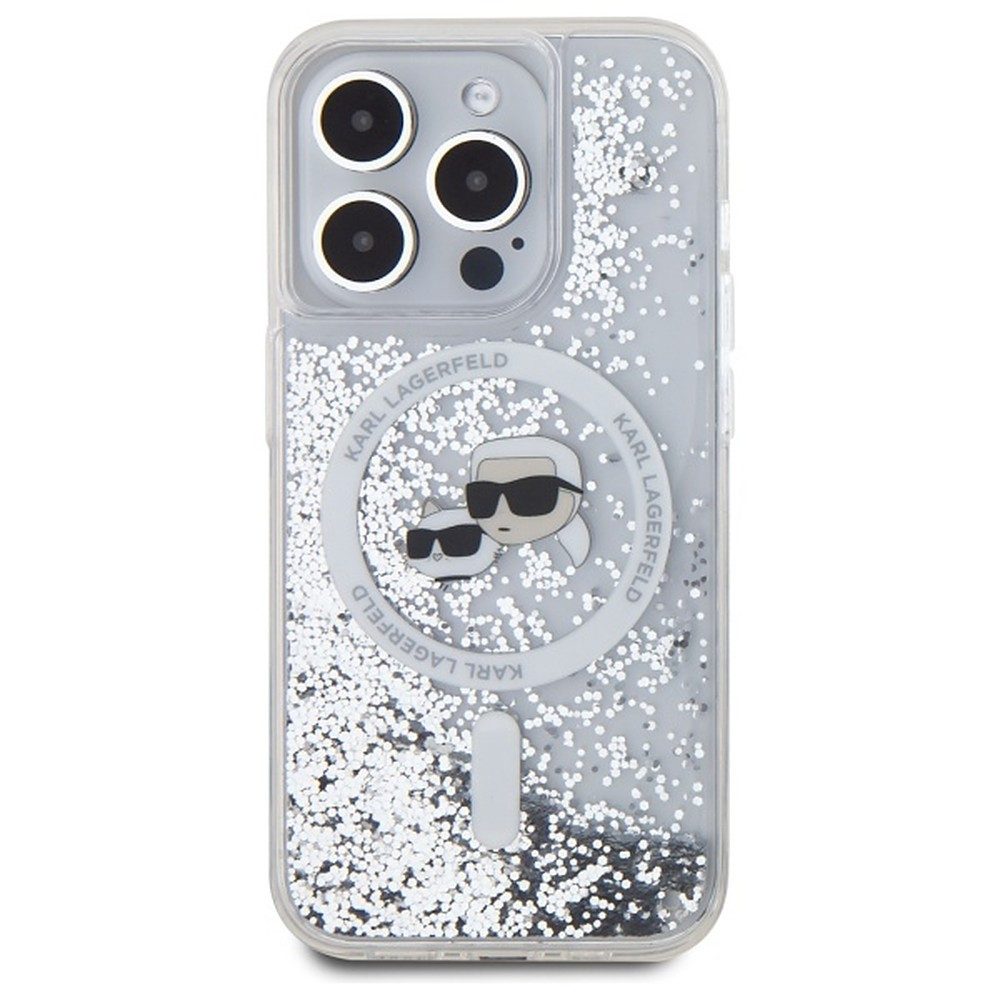 KARL LAGERFELD Handyhülle Schutzhülle Glitzerhülle Handyschale 6,1 Zoll, MagSafe, Flüssigglitzer, erhöhte Ränder