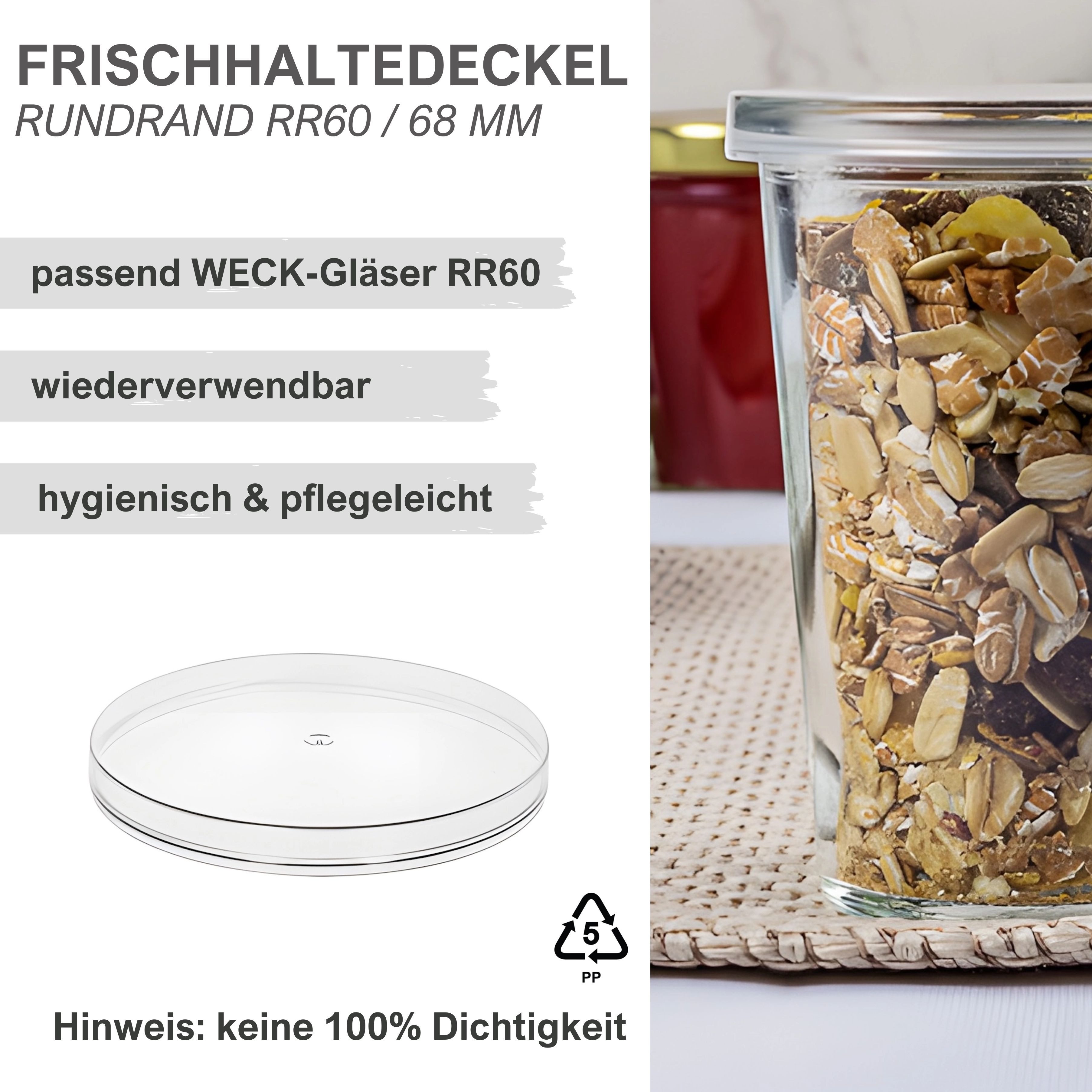 mikken Frischhaltedeckel 12x Klarsichtdeckel für WECK-Gläser transparente Frischhaltedeckel, (Spar-Set, verschiedene Größen), 12er Set, passend für RR60, RR80 oder RR100