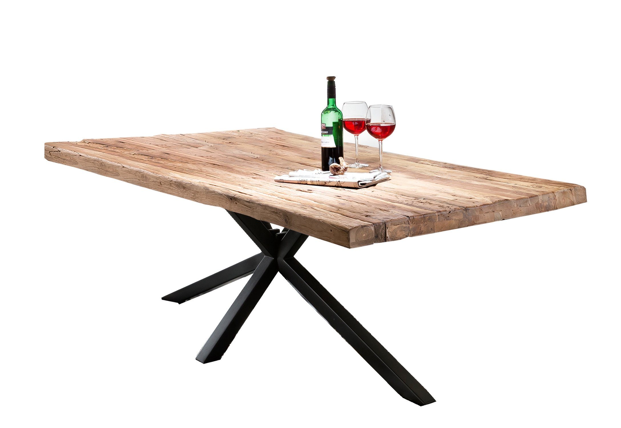 TPFLiving Esstisch Timos - Platte recyceltes Teak, Gestell Metall (Tischplatte mit rustikaler Oberfläche - Platte natur, Gestell antikschwarz, Esstisch - Desinger Tisch Luxus - Esstisch massiv), Plattenstärke 50 mm - Esstisch 180x100cm antik-schwarz | antik-schwarz