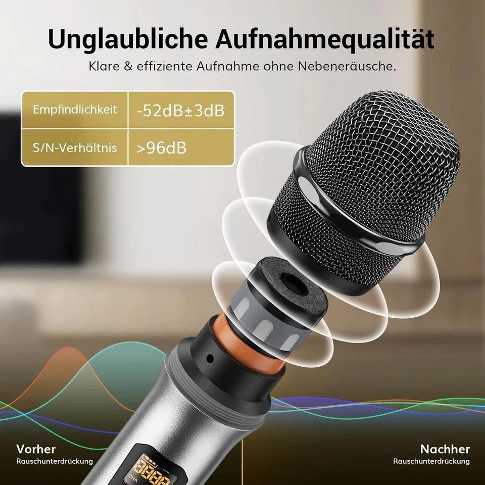 TONOR Mikrofon TONOR TW820 Funkmikrofon 60 m Reichweite, für Karaoke, DJ, Hochzeit (Set, 2-tlg), 15 UHF-Frequenzen, Metallgehäuse, Auto-Pairing, Rauschunterdrückung