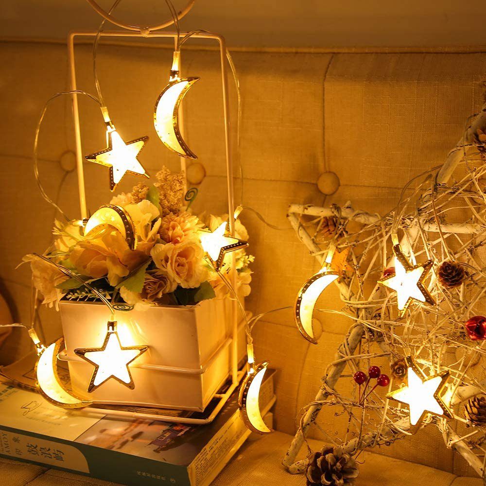 LED-Lichterkette 1,5 Meter, Warmweiß, Stern Mond Kerosinlampe, batteriebetrieben