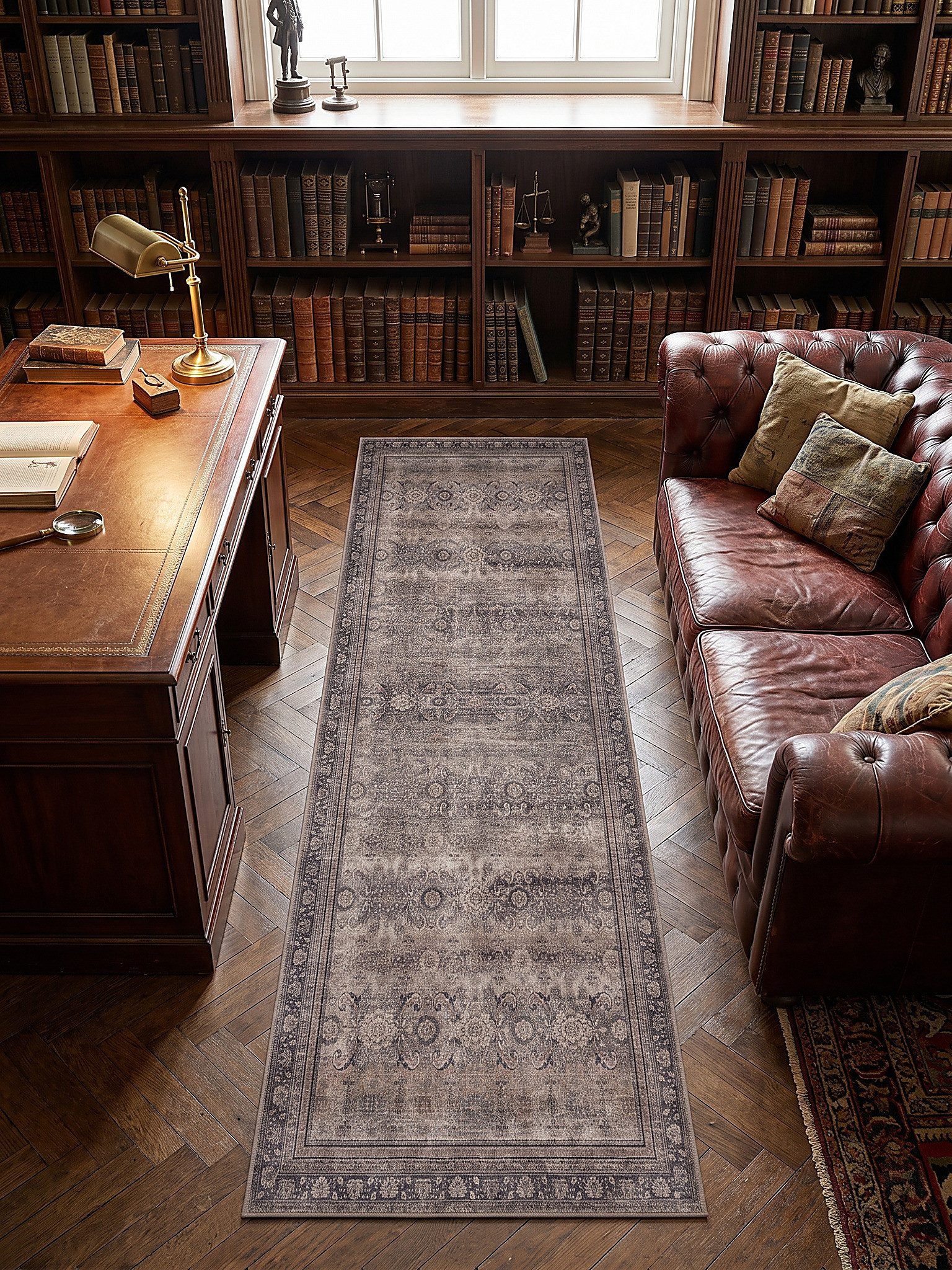 KADIMA DESIGN Teppich VERNANTE Kurzflorteppich waschbar Blütenrosetten Orientalisch, Läufer, Höhe: 5 mm, 80x150 cm, Braun-Grau, 100 % Polyester, Gekettelt, Stra – Bild 2 von 5