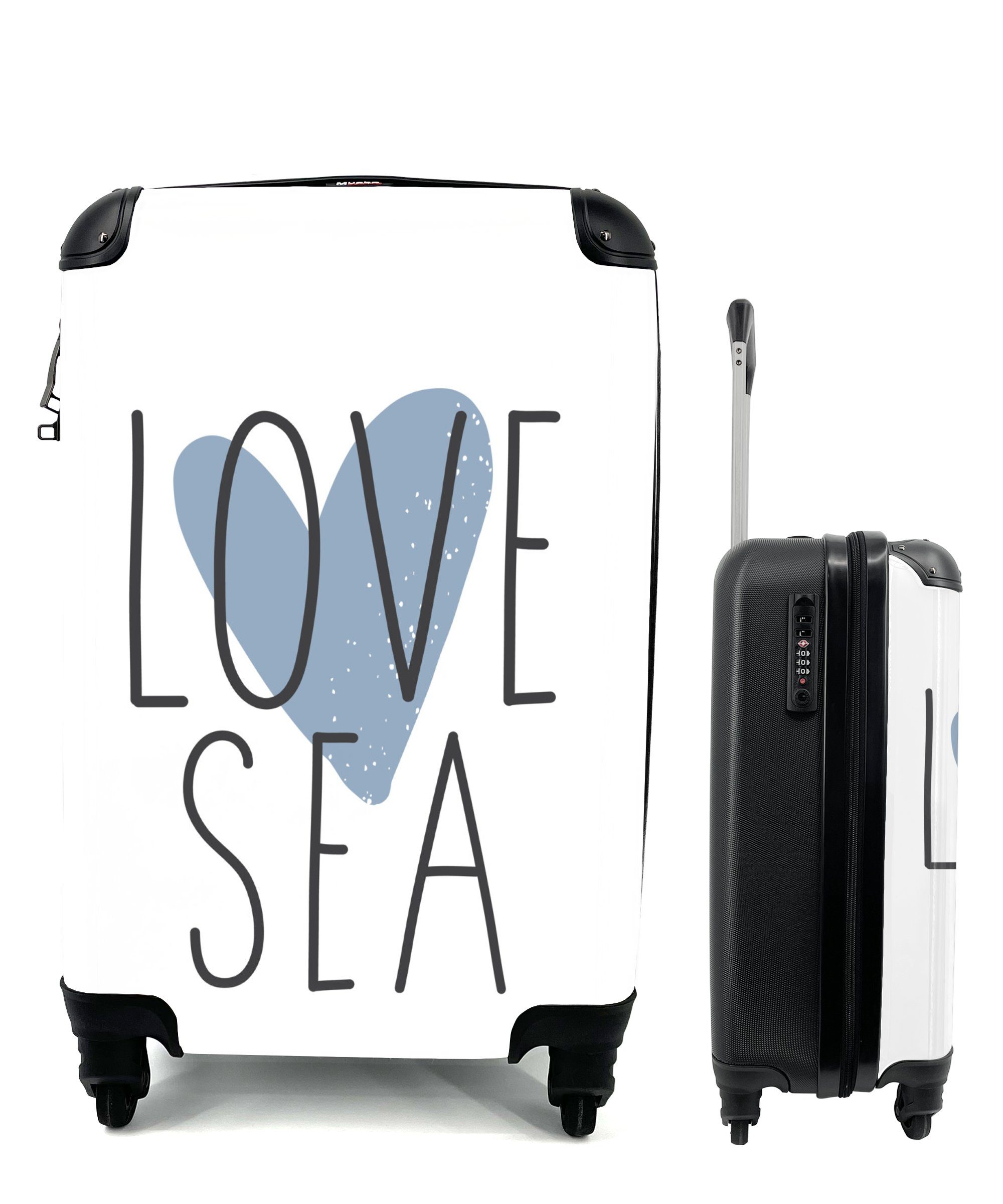 MuchoWow Handgepäckkoffer Illustration mit einem blauen Herz und dem Zitat "Love sea"., 4 Rollen, Reisetasche mit rollen, Handgepäck für Ferien, Trolley, Reisekoffer