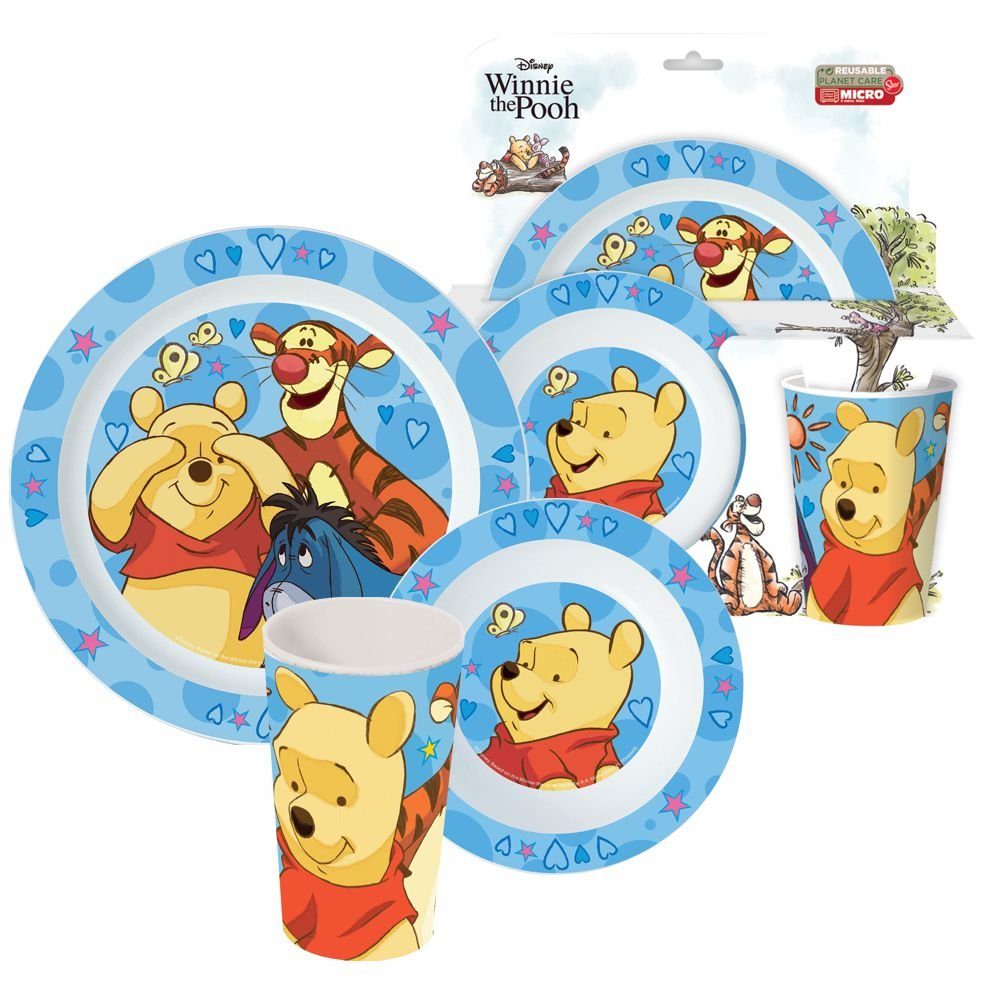 Disney Winnie Puuh Kindergeschirr-Set Geschirr-Frühstück-Set Winnie Puuh Pooh Teller Schüssel Becher, Kunststoff