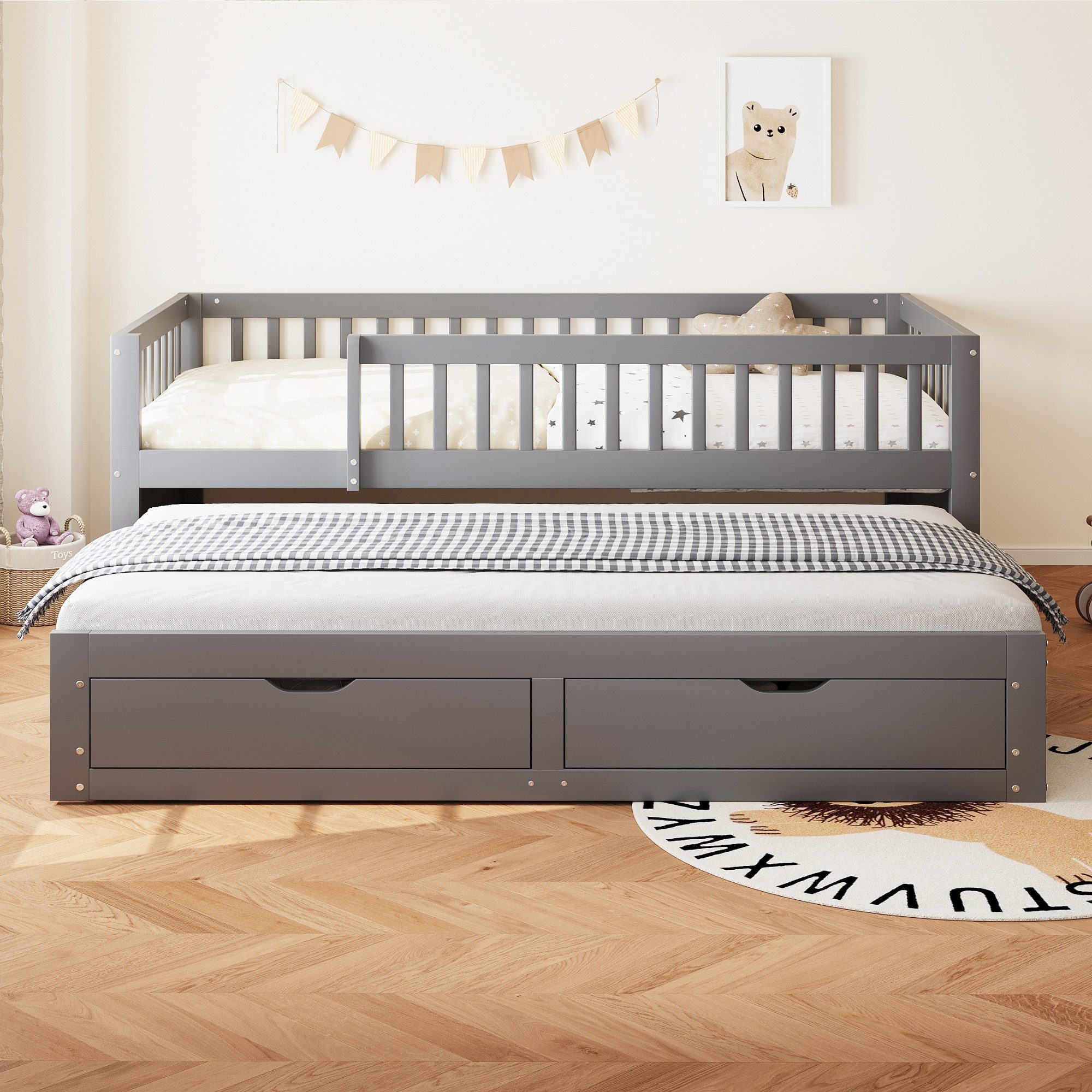 HAUSS SPOLE Kinderbett 90x200 cm, Ausziehbares Bett mit 2 Schubladen, Mit Lattenrost, Grau (mit Ausziehbett & 2 Schubladen, Vollverkleidetes Sicherheitsgitter, 90x200 cm (90x190 cm), ohne Matratze