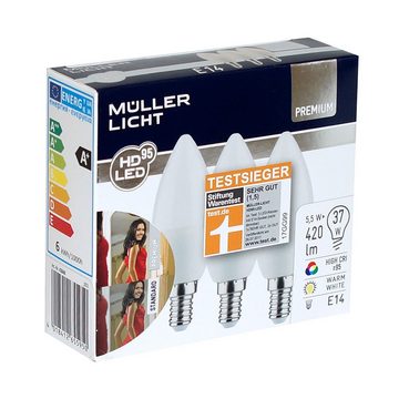 MÜLLER LICHT LED-Leuchtmittel Kerzen B35 3er-Set 5,5W ~ 40W E14 matt 420lm Ra95 120° 2700K, warmweiß, Flicker-Free