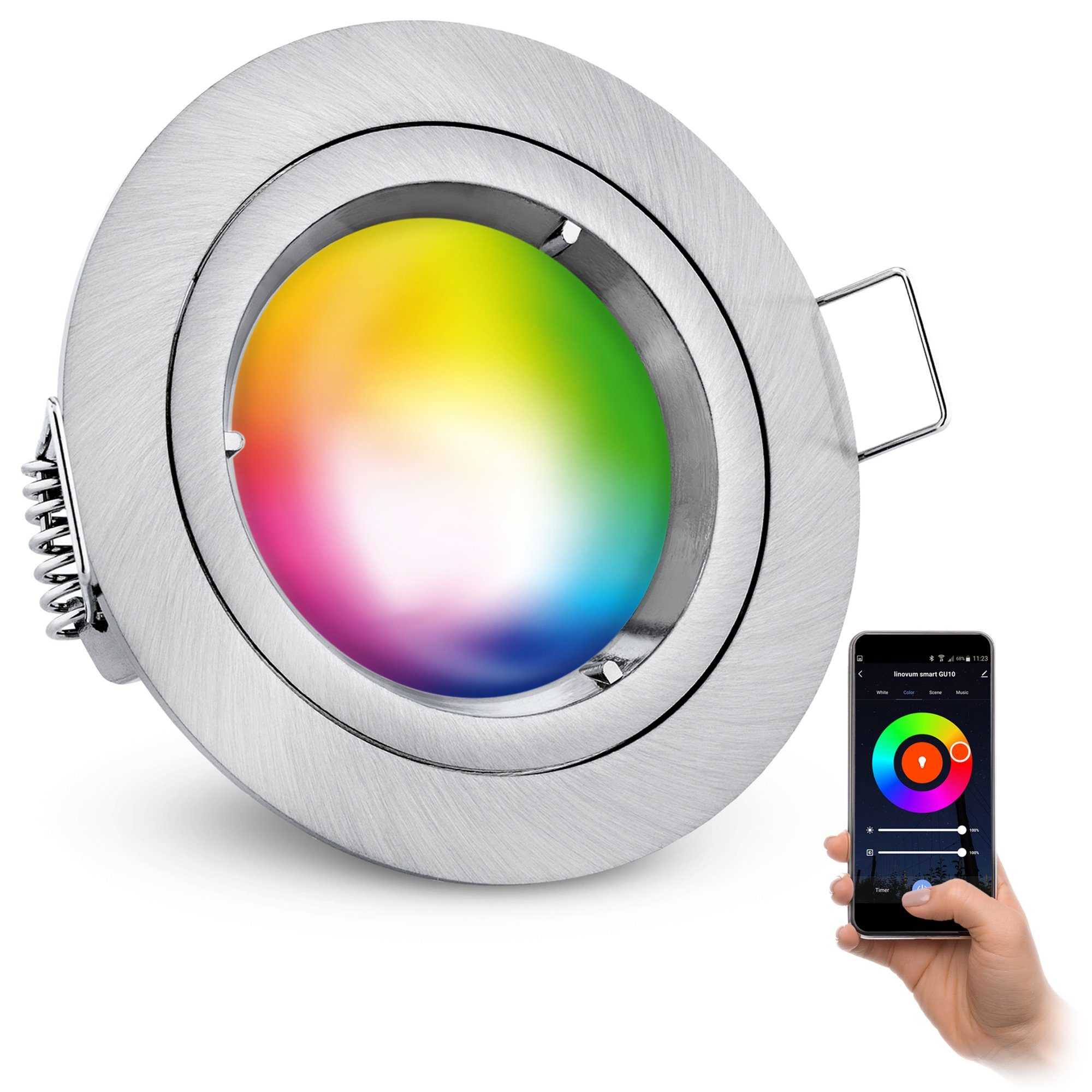 linovum LED Einbaustrahler starr inklusive, Leuchtmittel Einbaustrahler LED inkl. Smart, rund Optik Leuchtmittel gebuerstet inklusive Edelstahl