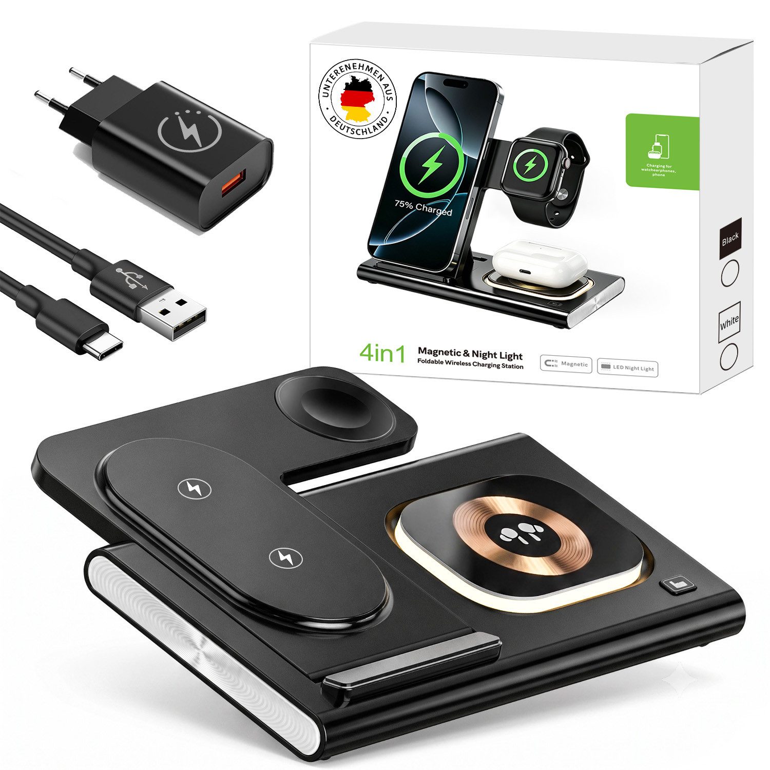 SWGOTA 2026 Ladestation Ladegerät Apple Samsung, 4 in 1 25W Induktive MagSafe Wireless Charger (4 in 1 iPhone Ladestation, 25W Wireless Charger, Qi 2.0 Schnellladung, Schnellladegerät für iPhone 8–17 Serie, Apple Watch, AirPods & Samsung)