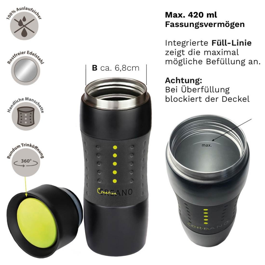 Creano Thermoflasche Design einache Öffnung Mug abnehmbare Reinigung Travel für 420ml
