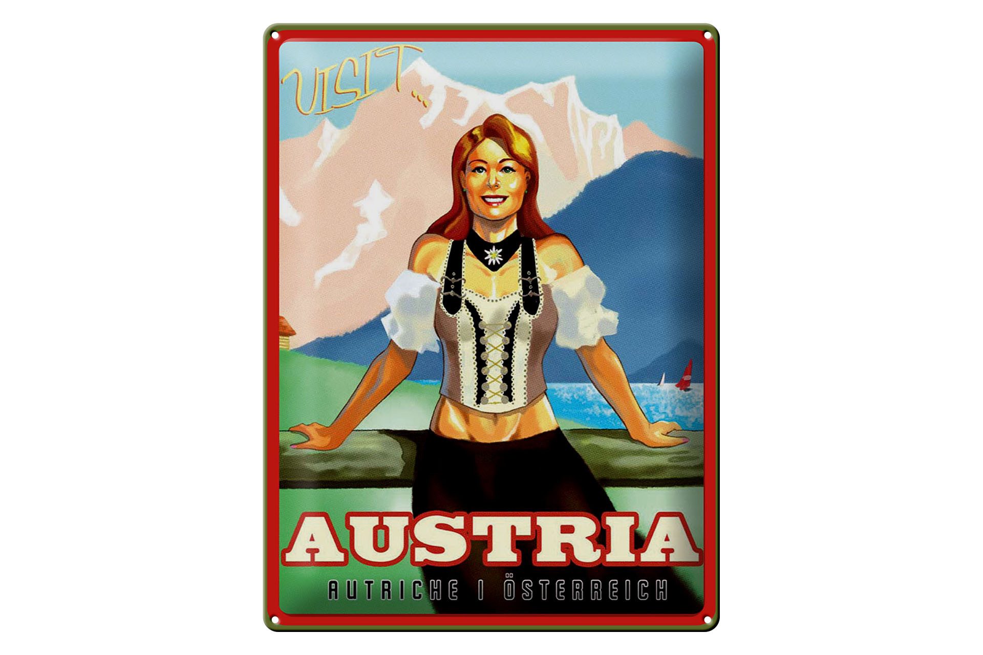 Femer GmbH Metallschild Reise 30x40 cm Österreich Austria Frau in Tracht, (1 St), gewölbte Oberfläche, abgerundete Ecken, umgeschlagene Kanten