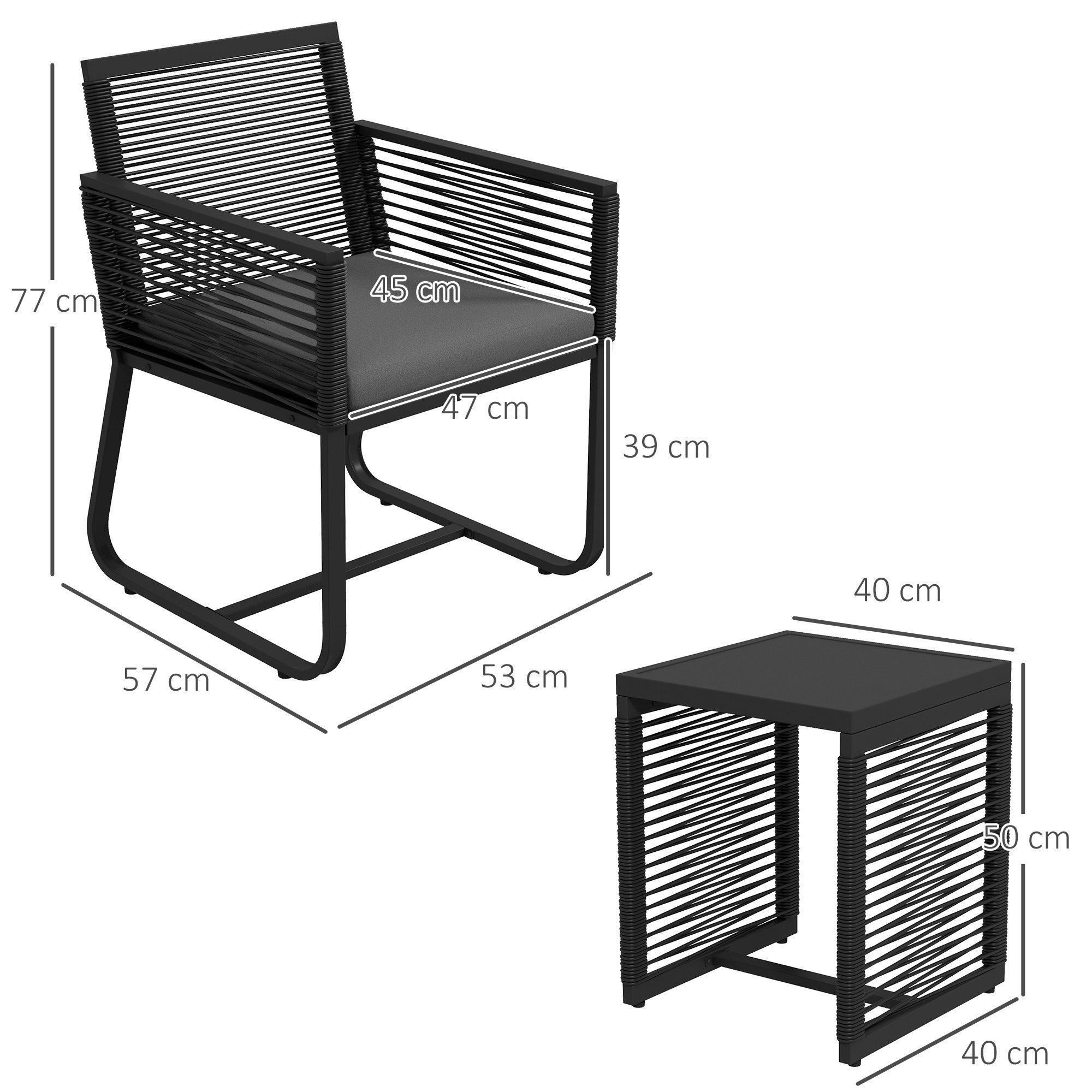 Outsunny Gartenlounge-Set Rattan Gartenmöbel-Set, 2 Gartenstühle, Beistelltisch, (Sitzgarnitur, 3-tlg., Gartengarnitur), mit Tischplatte aus Hartglas, Kissen, für Balkon, Schwarz