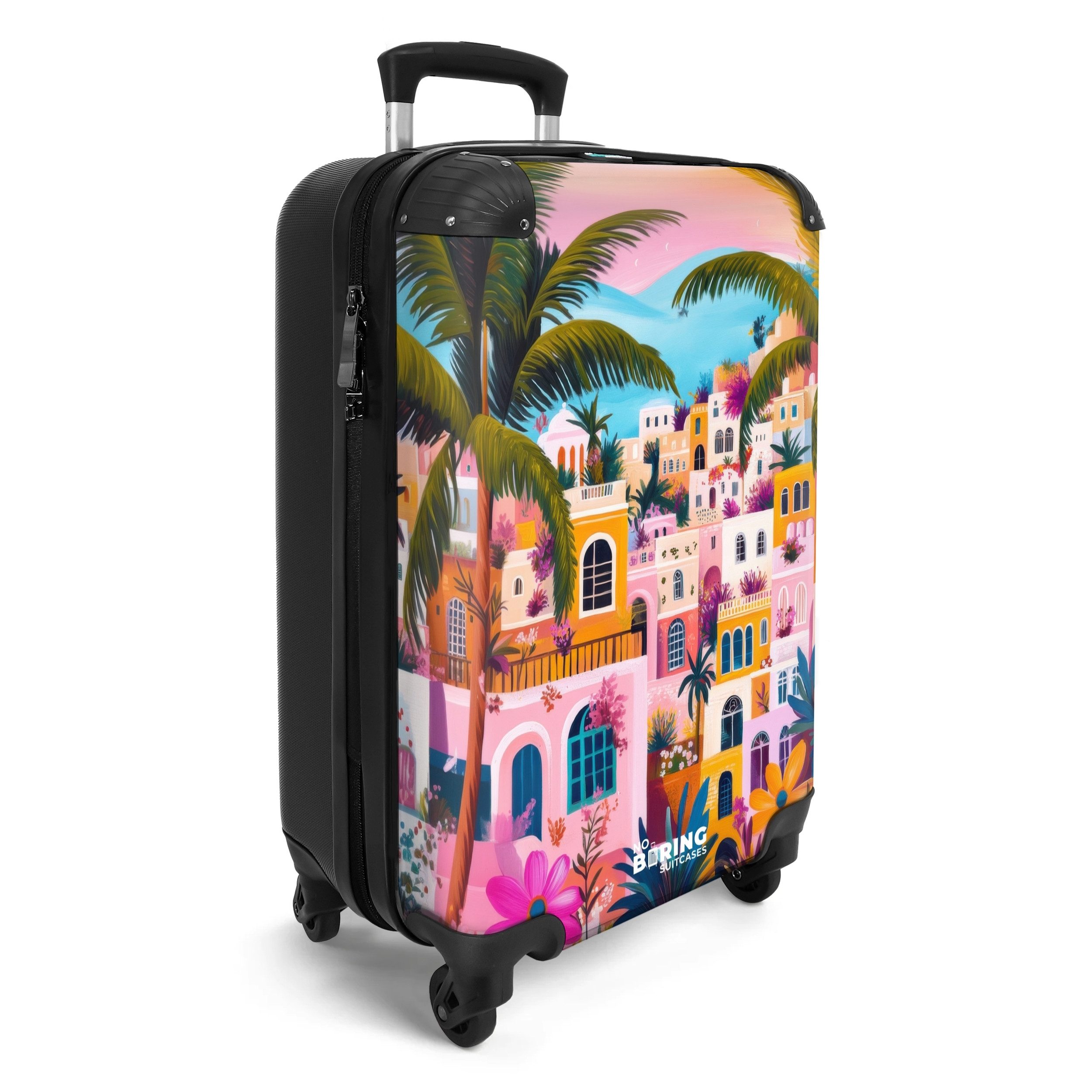 NoBoringSuitcases.com© Hartschalen-Trolley Bunte Stadt mit Palmen günstig online kaufen