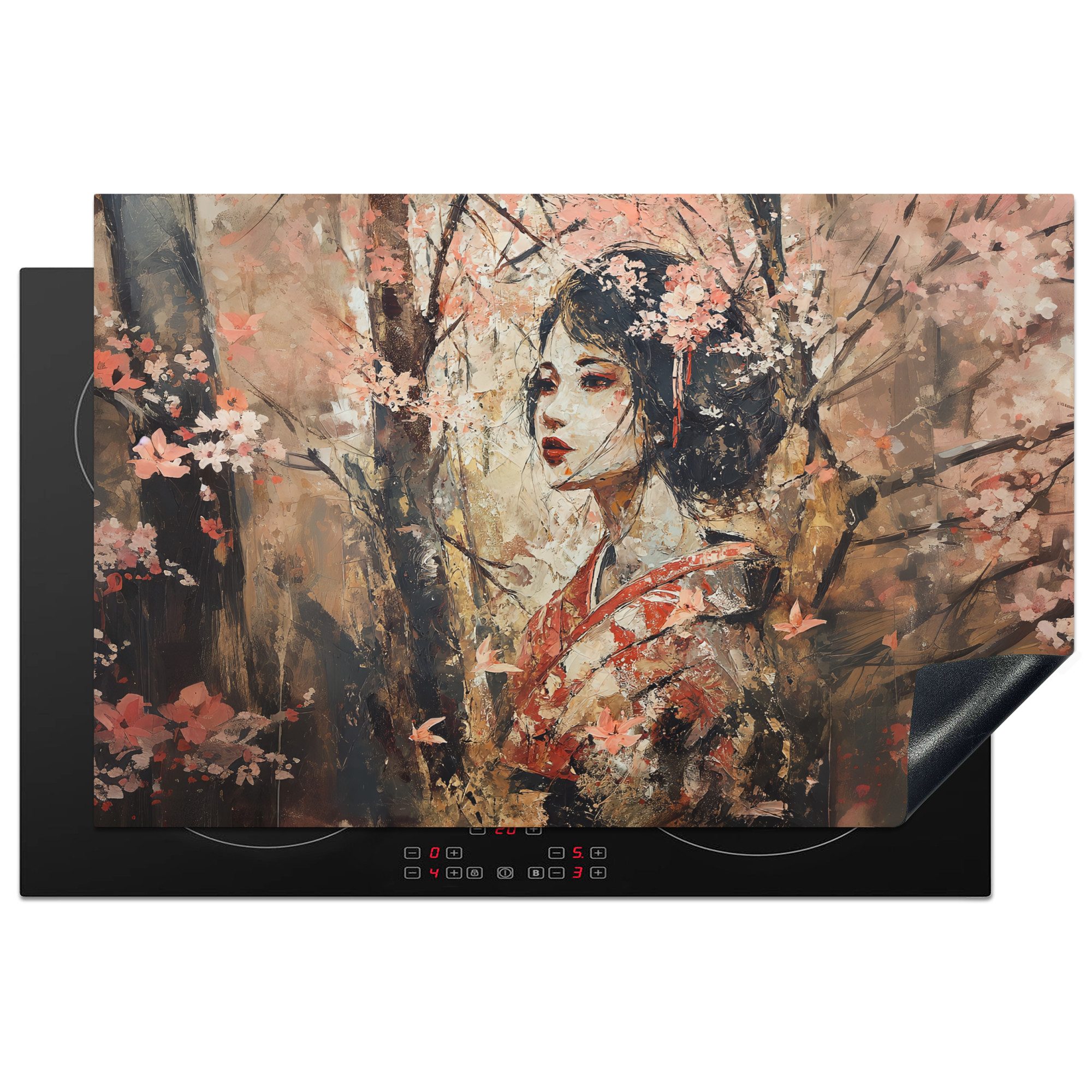 MuchoWow Herd-Abdeckplatte Kimono - Frau - Kirschbäume, Vinyl, (1 tlg), Induktion Schutzmatte, Induktionsherd Abdeckung, 83x52 cm