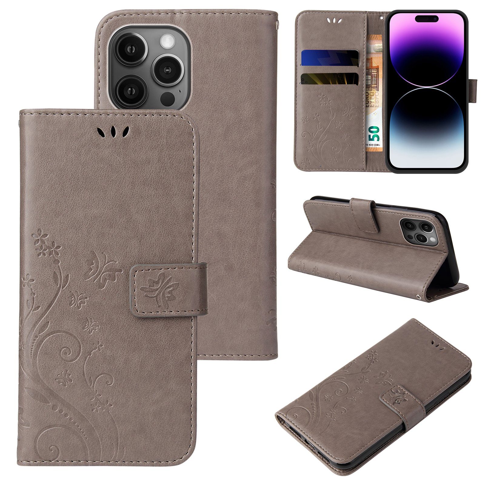 Tec-Expert Handyhülle Cover Tasche Hülle für Apple iPhone 14 Pro 6,1 Zoll, Klapphülle Case mit Kartenfach Fliphülle aufstellbar, Motiv Blumen