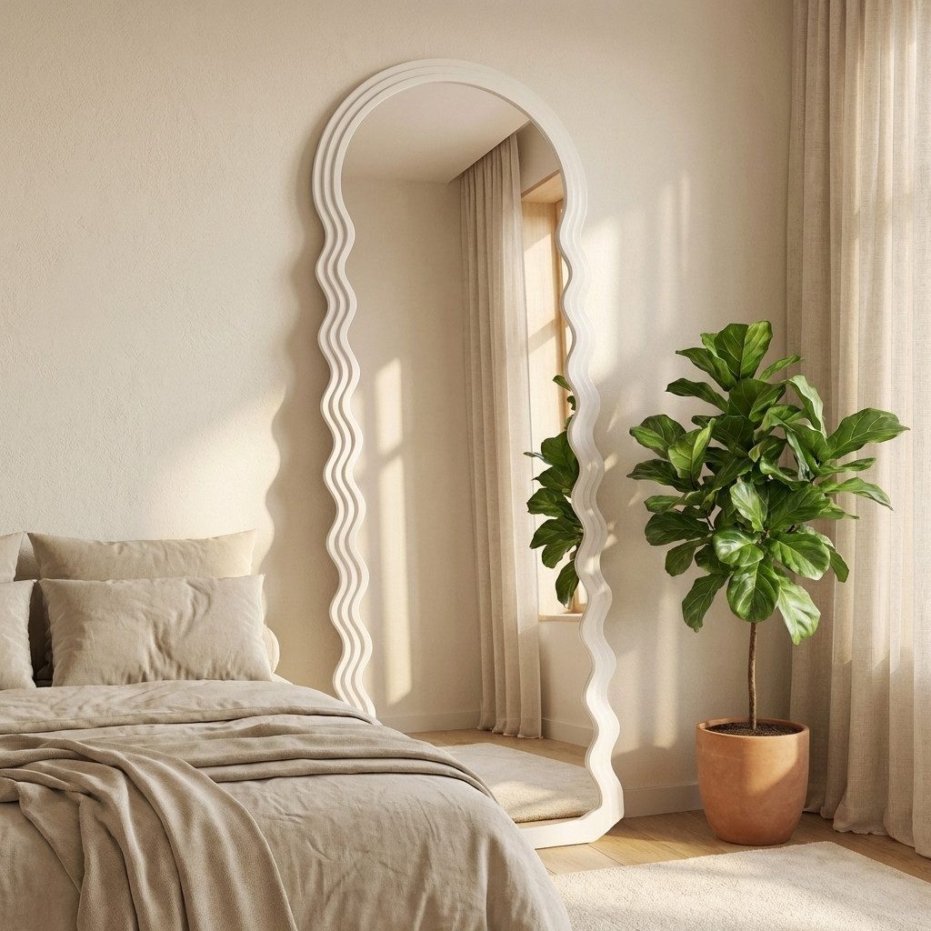 SONGMICS Standspiegel, Wellenform, Bodenspiegel, mit Ständer, MDF-Rahmen, klares Glas