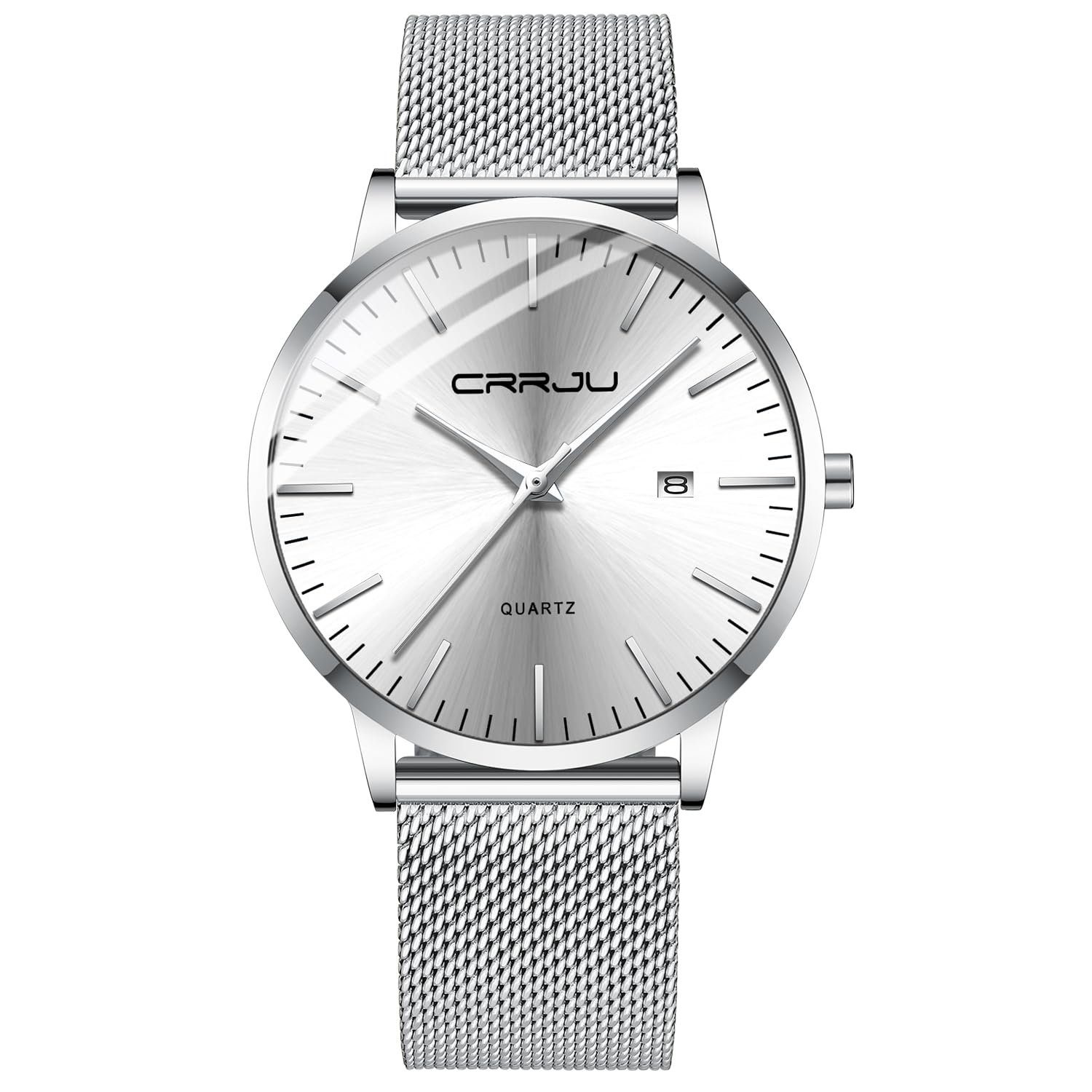 GelldG Uhr Herrenuhr Ultra Dünne wasserdicht Armbanduhr Herren Mode Datumsanzeige Silber, Weiß