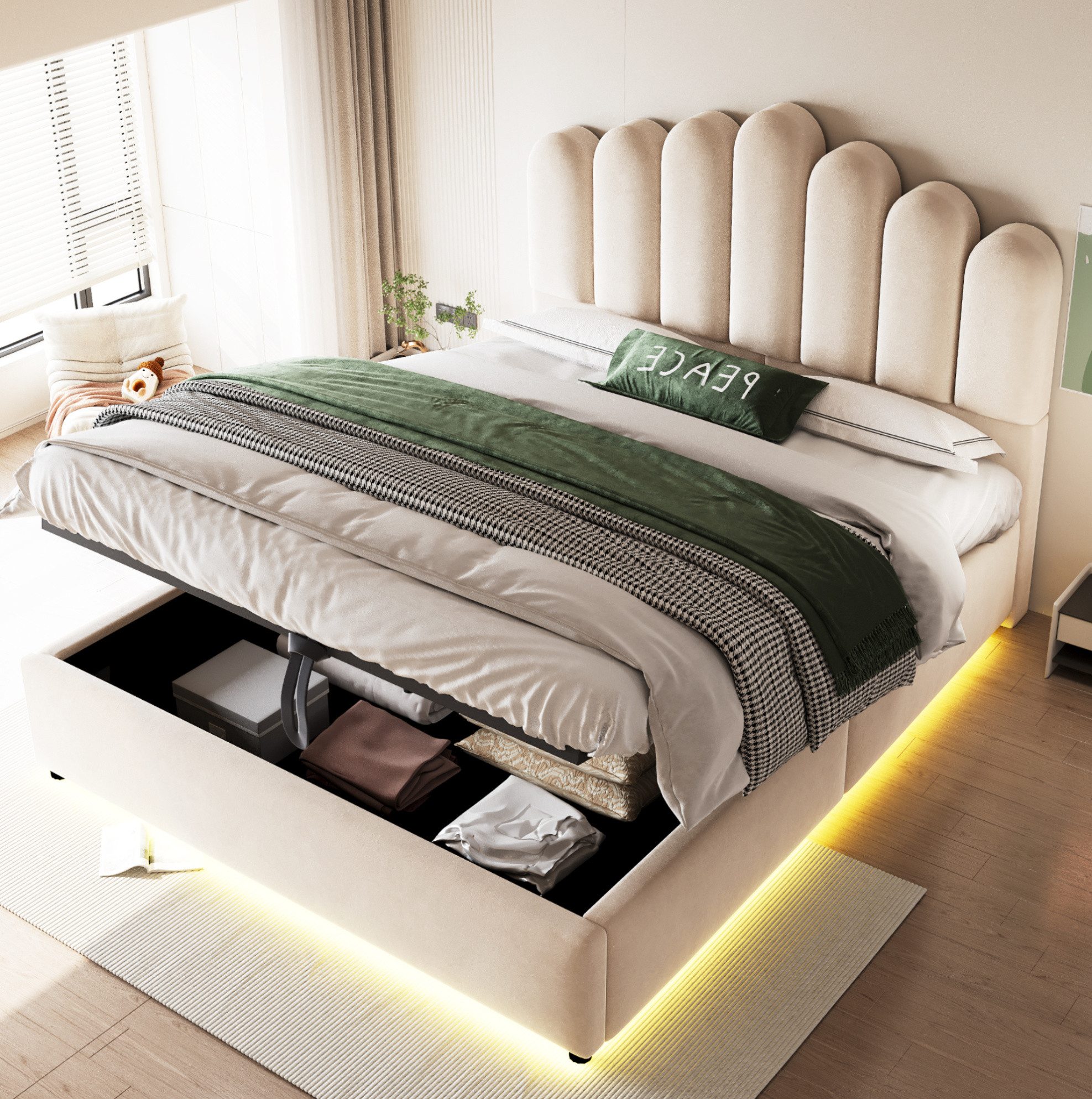 REDOM Polsterbett mit Samtbezug, LED-Lichtband, Jugendbett mit hydraulischem Stauraum (140x200 cm Stauraumbett, robustem Lattenrost und voluminösem Kopfteil, 1-tlg., Doppelbett Kinderbett), Inklusive Matratze