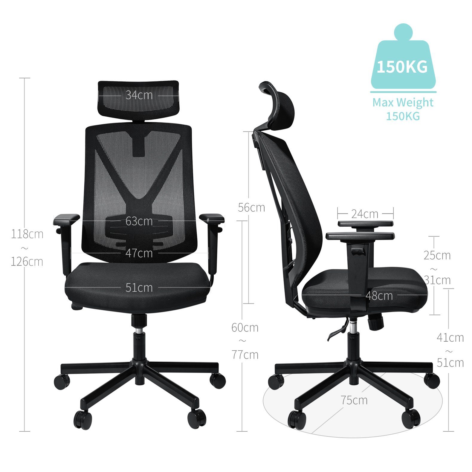 BASETBL Rückenlehne, Armlehnen Bürostuhl Rückenlehne,bis Kopfstütze, Schreibtischstuhl, Drehstuhl ergonomischer und hoher mit Verstellbare belastbar 150kg