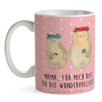 Mr. & Mrs. Panda Tasse Bären mit Blumenkranz - Rot Pastell - Geschenk, Tasse, Kaffeebecher, Keramik, Exklusive Motive