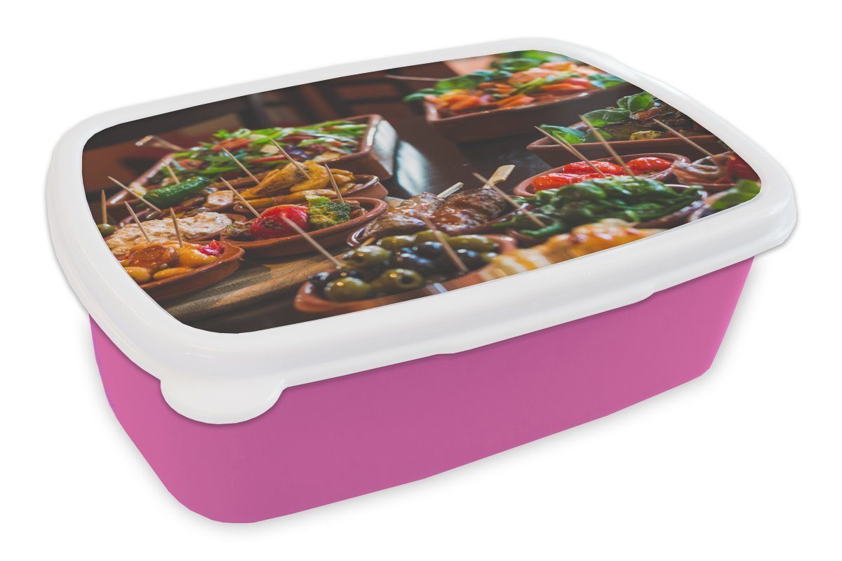 MuchoWow Lunchbox Spanische Küche - Tapas - Schüsseln, Kunststoff, (2-tlg), Brotbox für Erwachsene, Brotdose Kinder, Snackbox, Mädchen, Kunststoff rosa