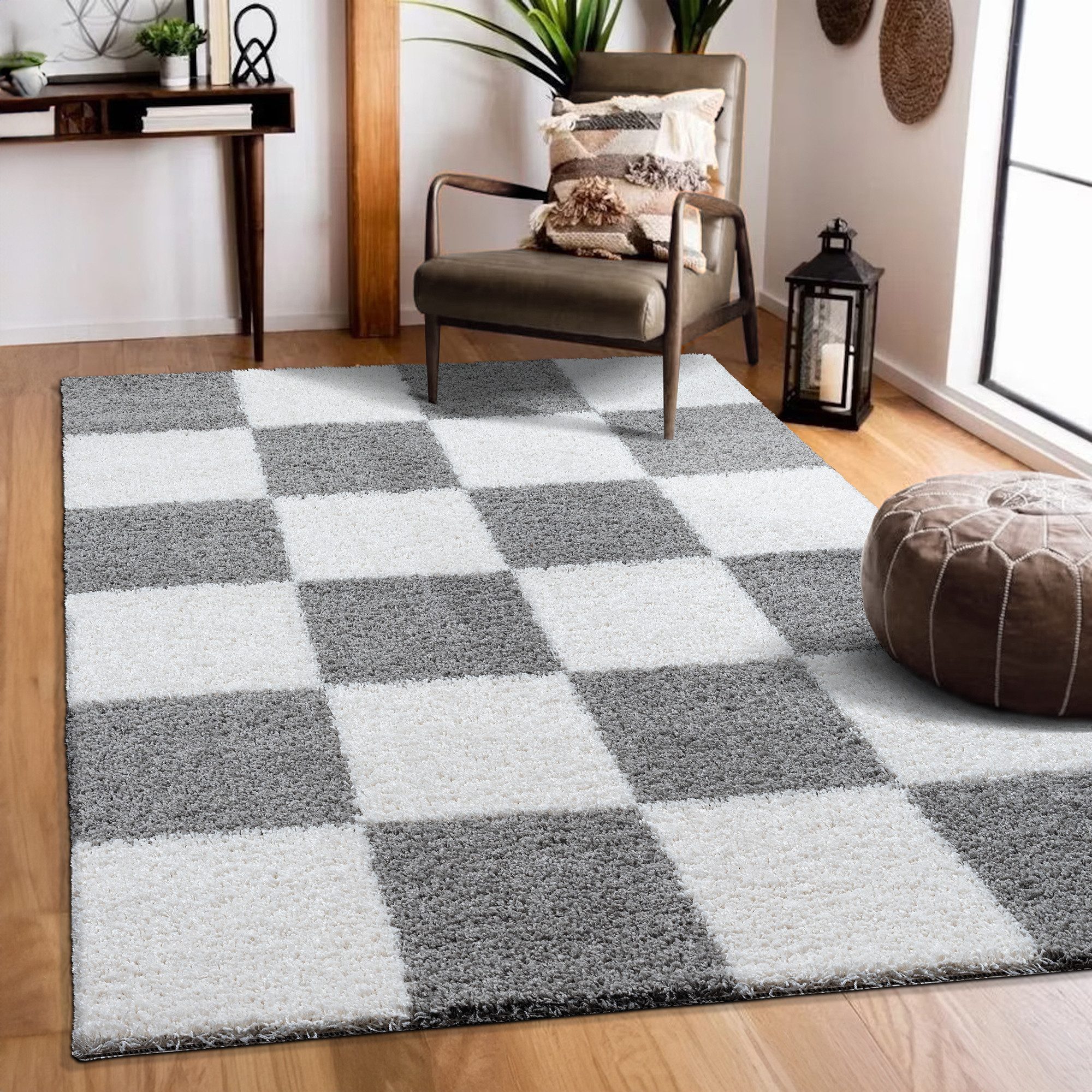 Sanat Hochflor-Teppich Milano 1250, auch als Läufer und in Rund, rechteckig, Höhe: 30 mm, Hochflor, Shaggy, Karo, Wohnzimmer, Schlafzimmer