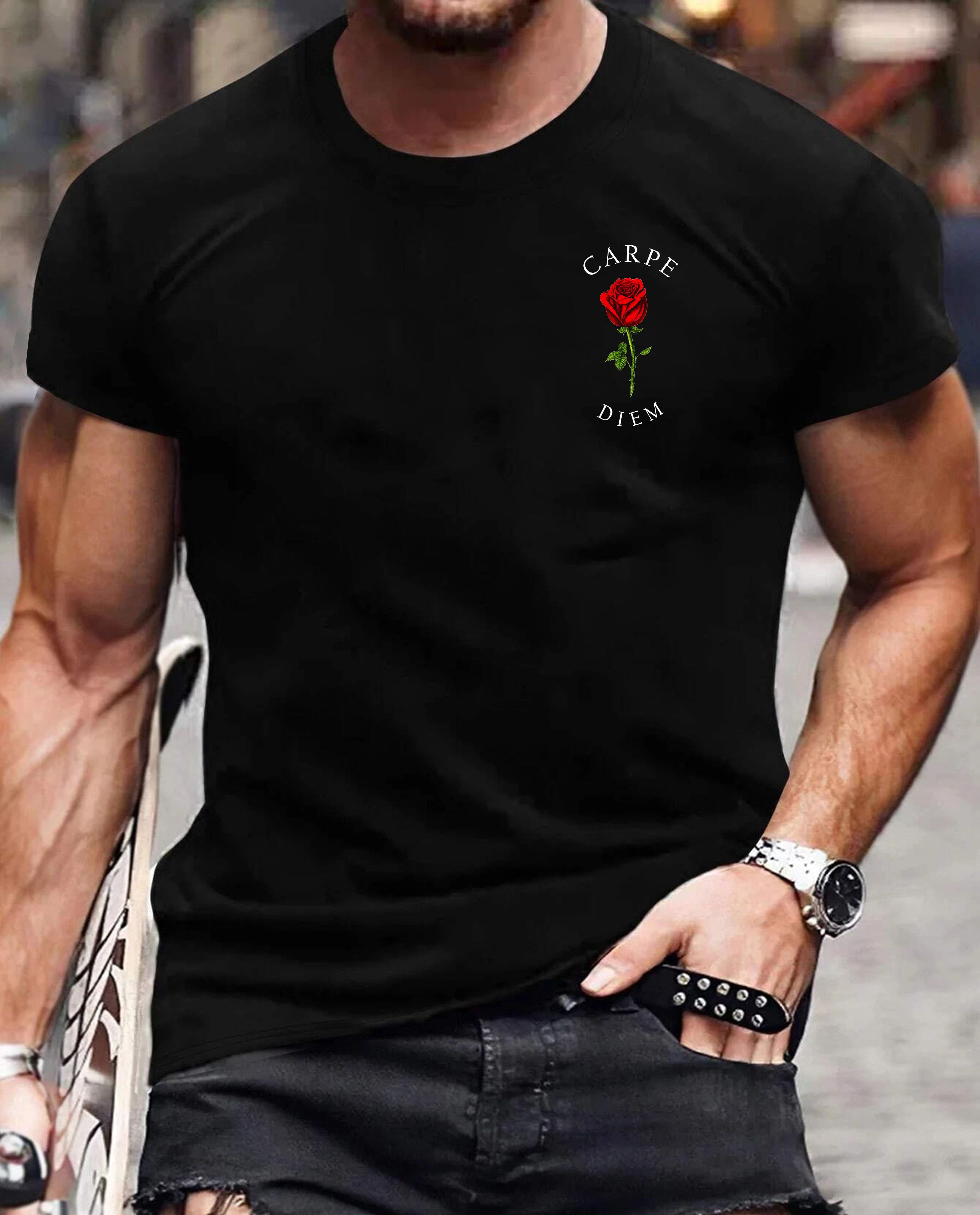 RMK T-Shirt Herren Shirt Basic Rundhals Rose Carpe Diem aus 100% Baumwolle