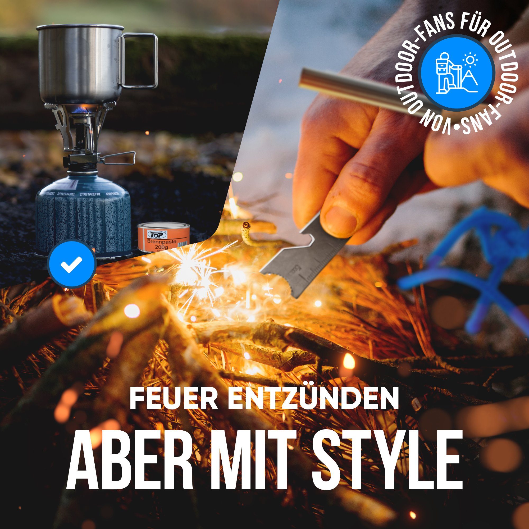 AVENTURIS Feuerzeug Feuerstahl Mit 3000 Grad heißen Funken jedes Feuer entzünden! (Feuerstahl mit Notfallpfeife und Multifunktionsstarter), 3000 grad heiße Funken!