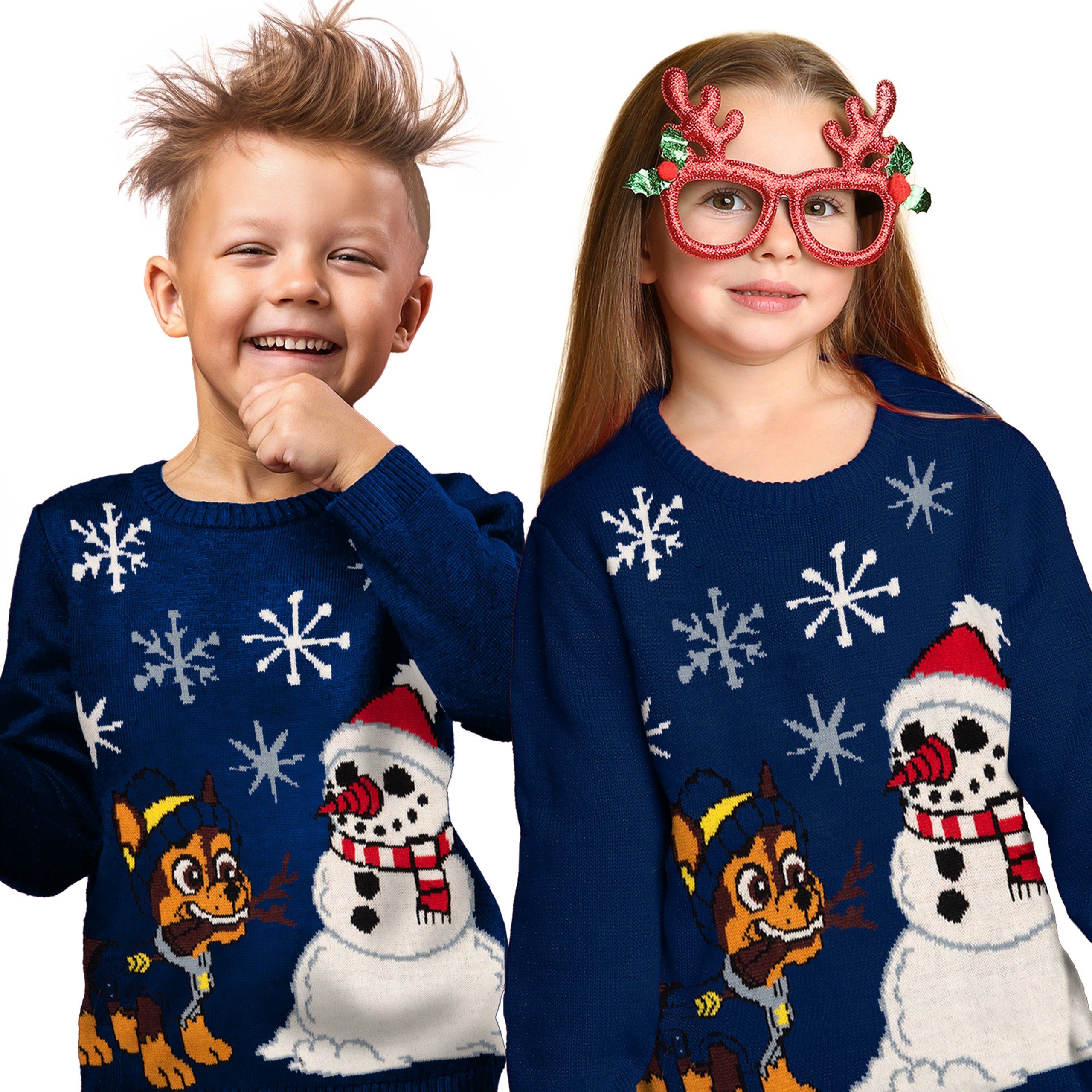 United Labels® Strickpullover Paw Patrol - Chase & Schneemann mit Mütze - Ugly Sweater Winterpulli