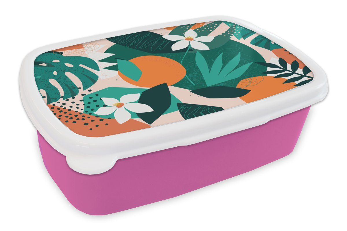 MuchoWow Lunchbox Blumen - Obst - Dschungel, Kunststoff, (2-tlg), Brotbox für Erwachsene, Brotdose Kinder, Snackbox, Mädchen, Kunststoff rosa