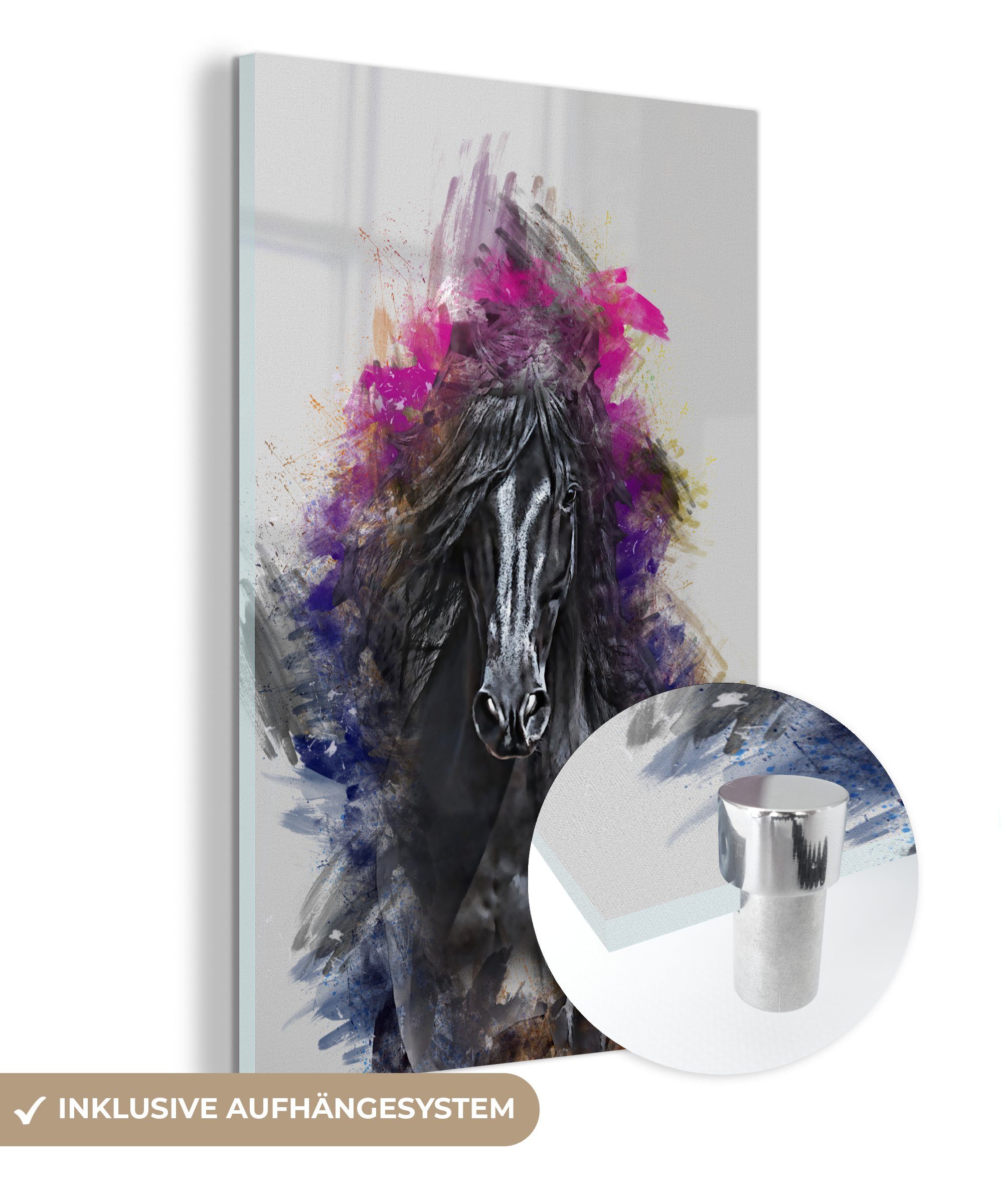 MuchoWow Acrylglasbild Pferd - Schwarz - Farben, (1 St), Glasbilder - Bilder auf Glas Wandbild - Foto auf Glas - Wanddekoration