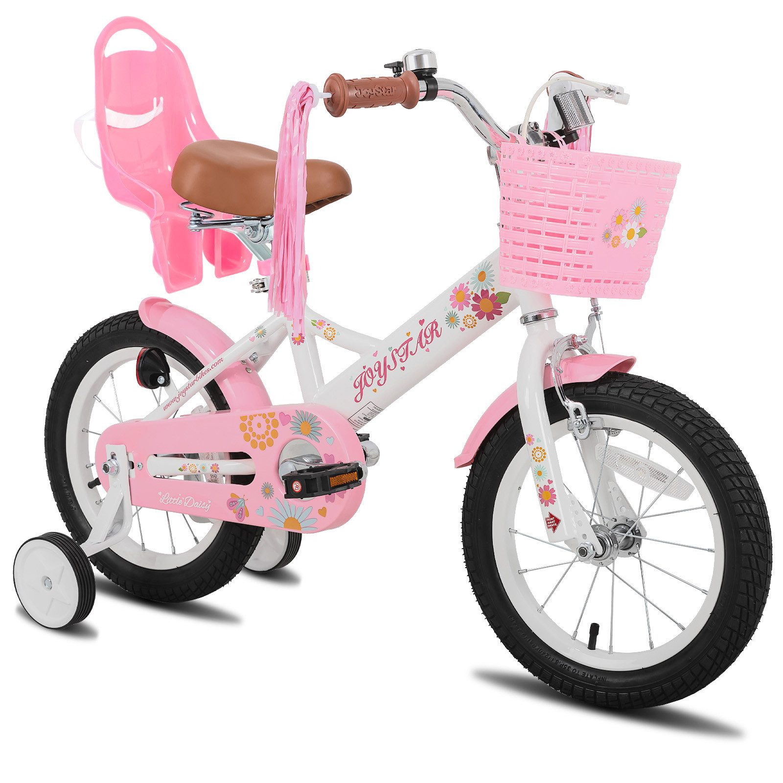 JOYSTAR Kinderfahrrad 12, 14, 16 Zoll Mädchenfahrrad, 3 - 8 Jahre,Geschenk für Prinzessin, 1 Gang, Mit Hilfsrädern, farbigen Bändern, Korb, Reflektor, Kettenabdeckung