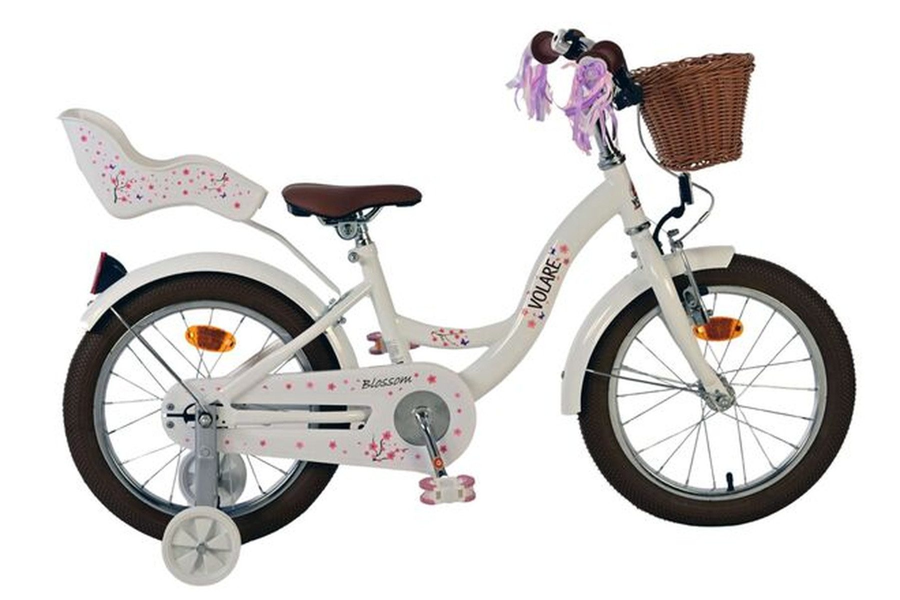 Volare Kinderfahrrad Blossom Mädchen 16 Zoll Weiß – Puppensitz & Stützräder, 4 kg