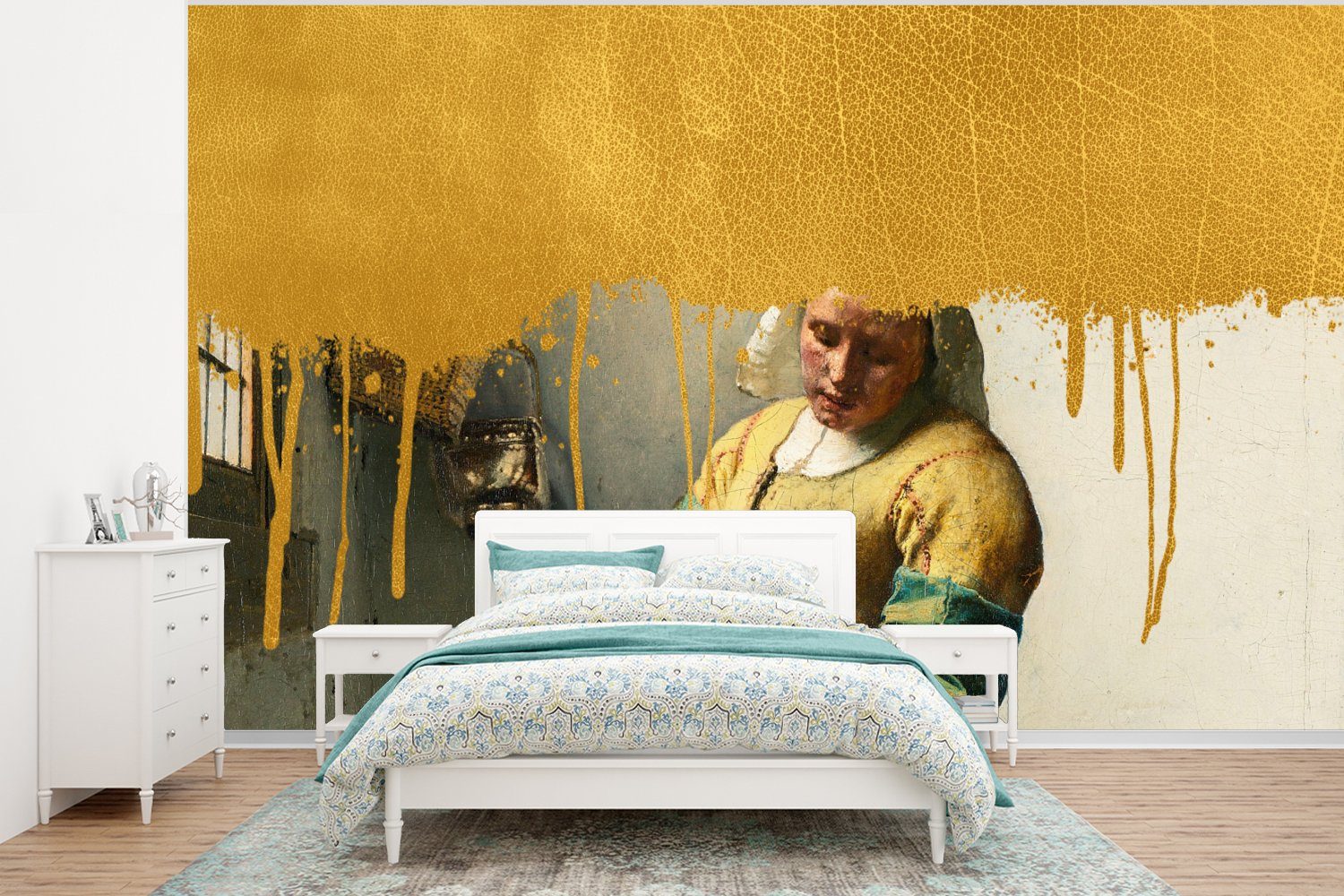 MuchoWow Fototapete Vermeer - Gold - Milchmädchen, Matt, bedruckt, (6 St), Wallpaper für Wohnzimmer, Schlafzimmer, Kinderzimmer, Vinyl Tapete
