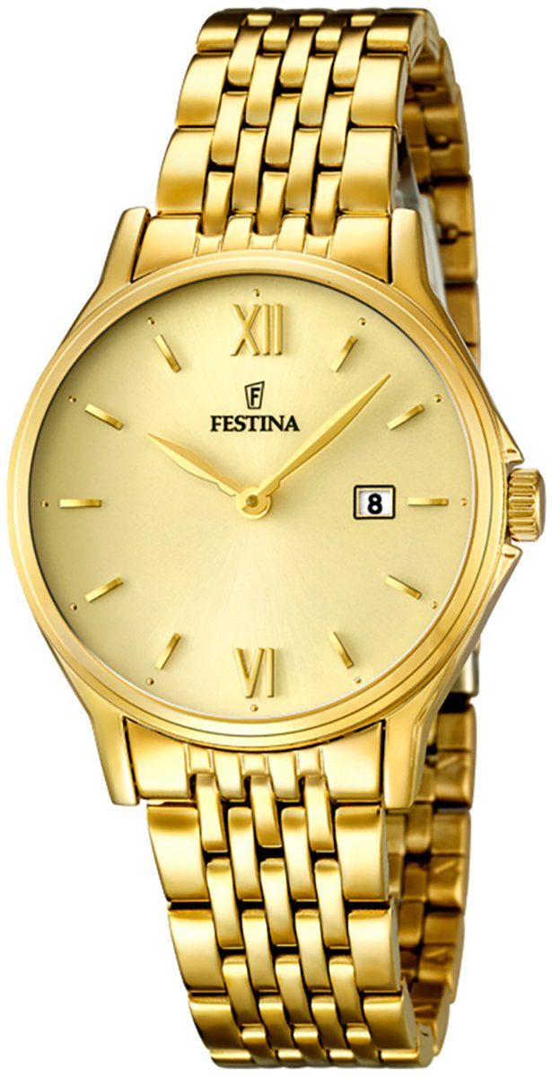 Damen-Herren Herren Armbanduhr Quarzuhr Festina gold Festina Damen, Edelstahlarmband F16749/3, rund, Uhr