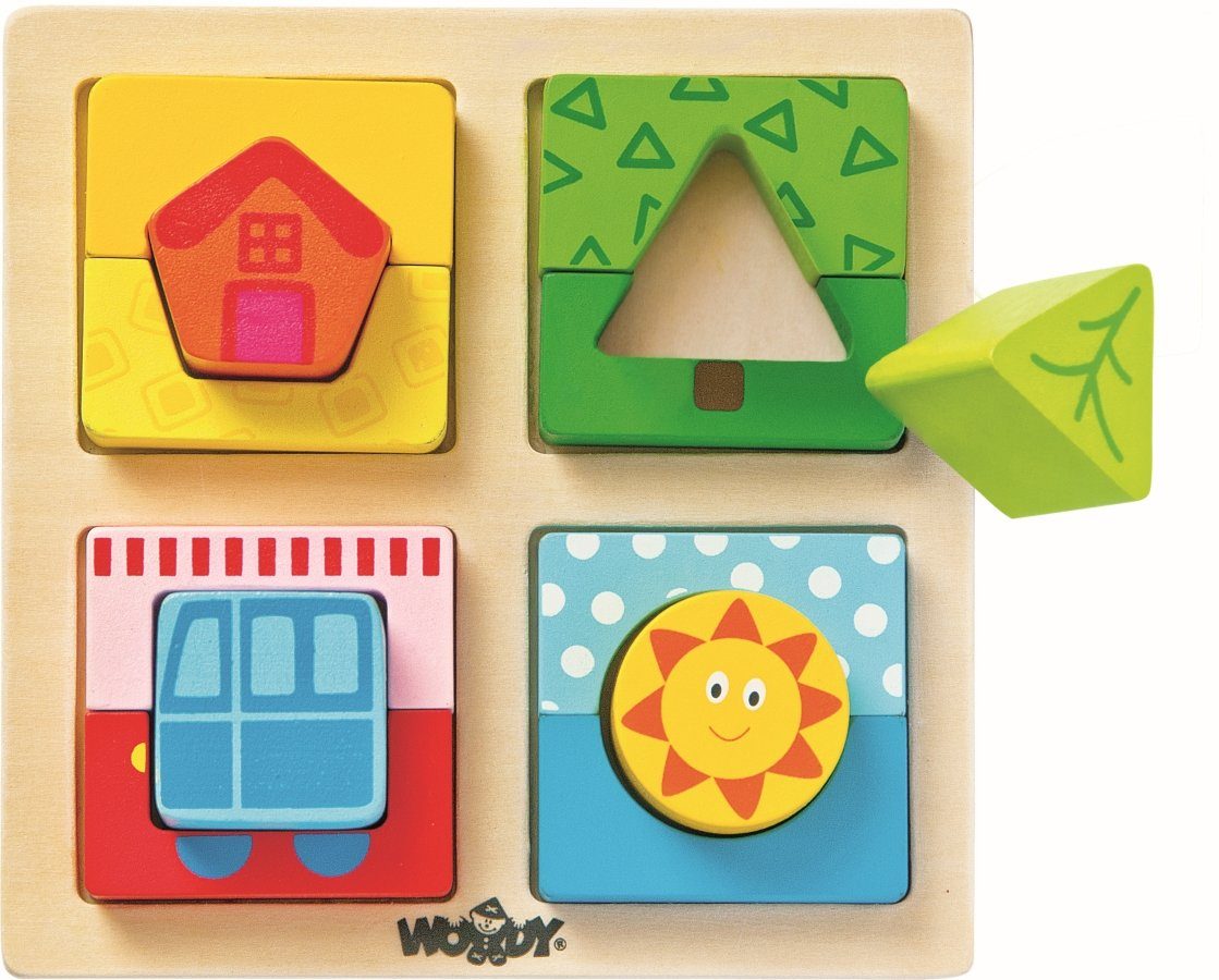 Woodyland Lernspielzeug 91145 Holzpuzzle / Sortierspiel mit 12 bunten Bausteinen