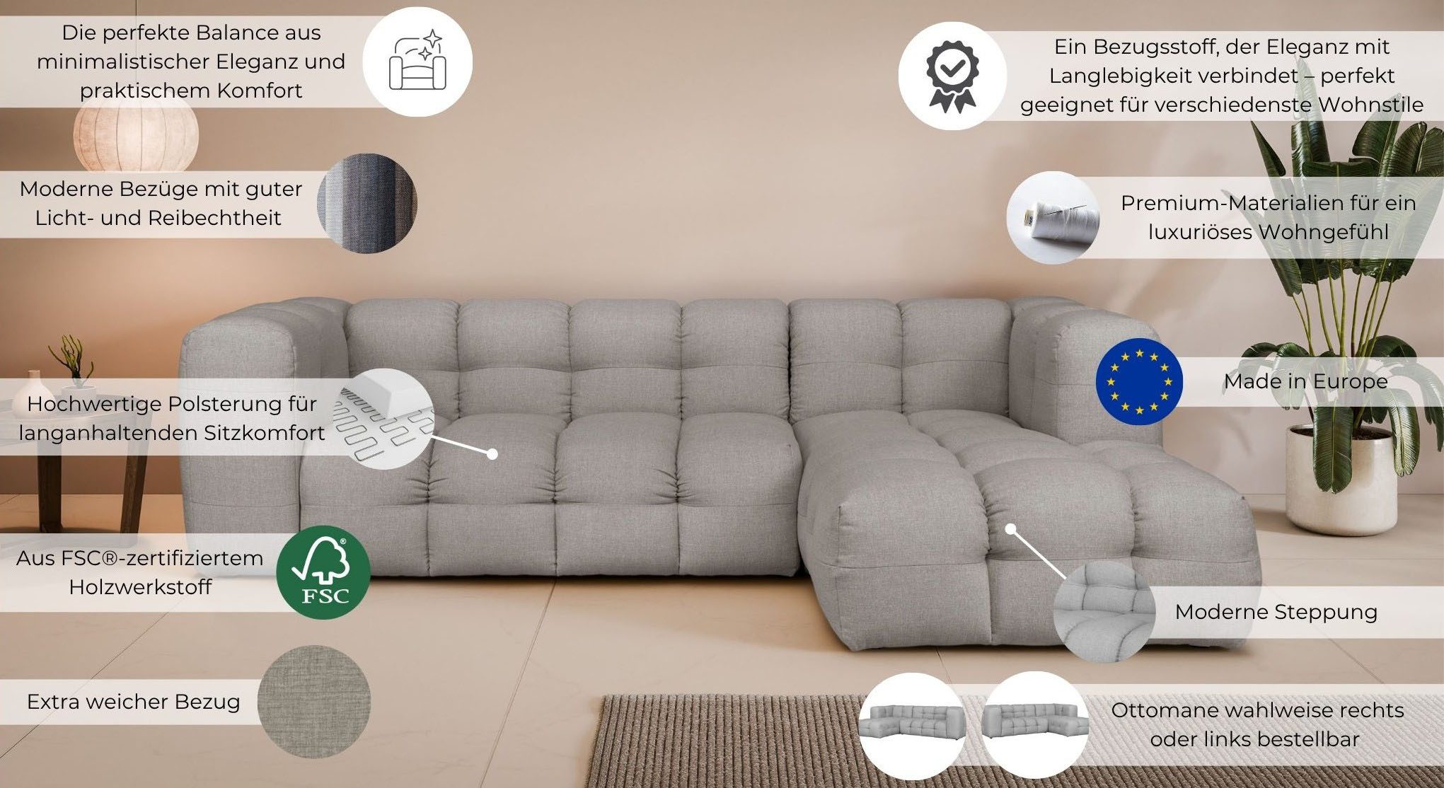 LeGer Home by Lena Gercke Ecksofa TALISHA L-Form Designersofa, moderne Steppung, B/T/H: 276/178/75 cm, aufwendig gepolstert, hoher Sitzkomfort