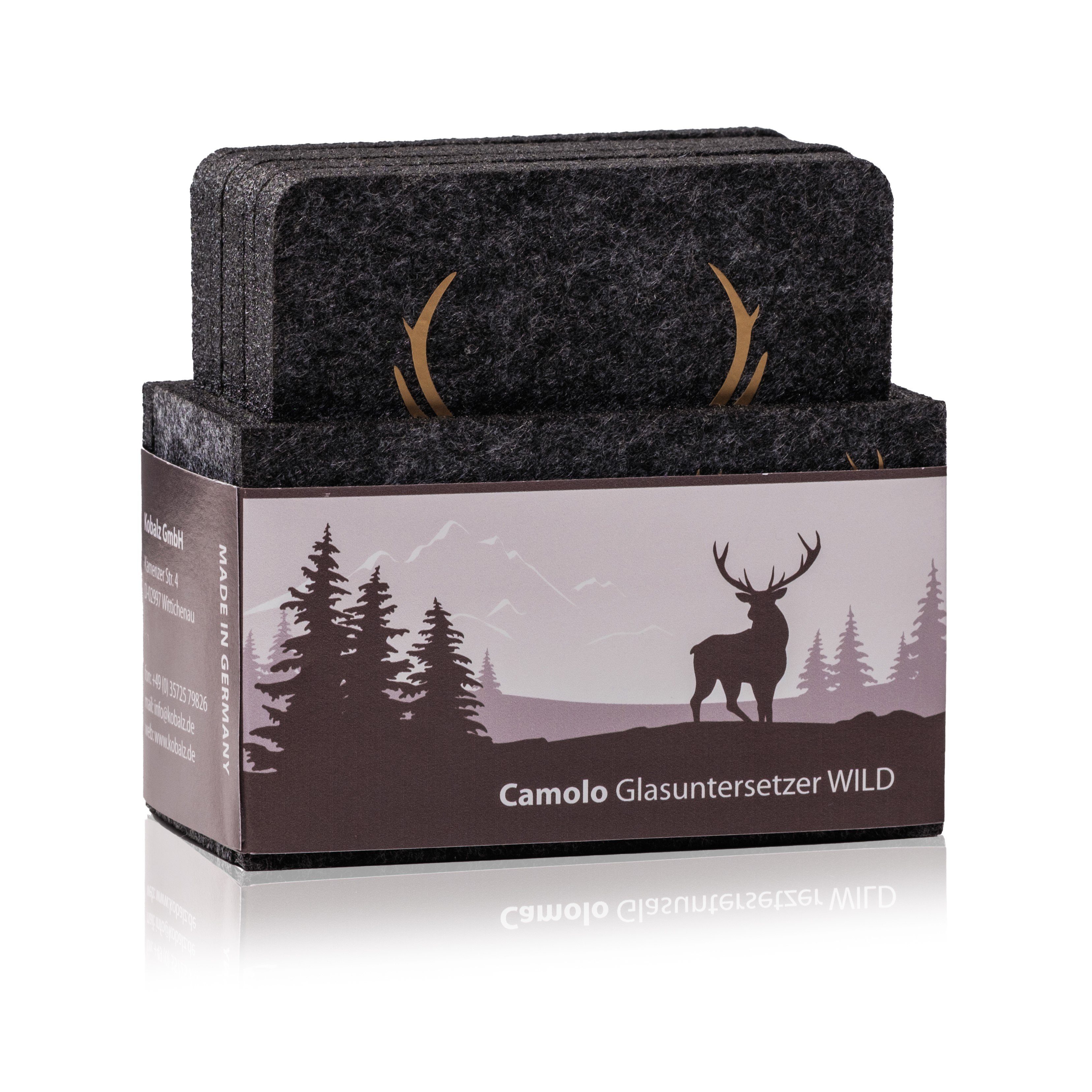Camolo Glasuntersetzer aus Filz Hirsch anthrazit / gold mit Box, 9-tlg., Mit Motiven – Bild 2 von 3