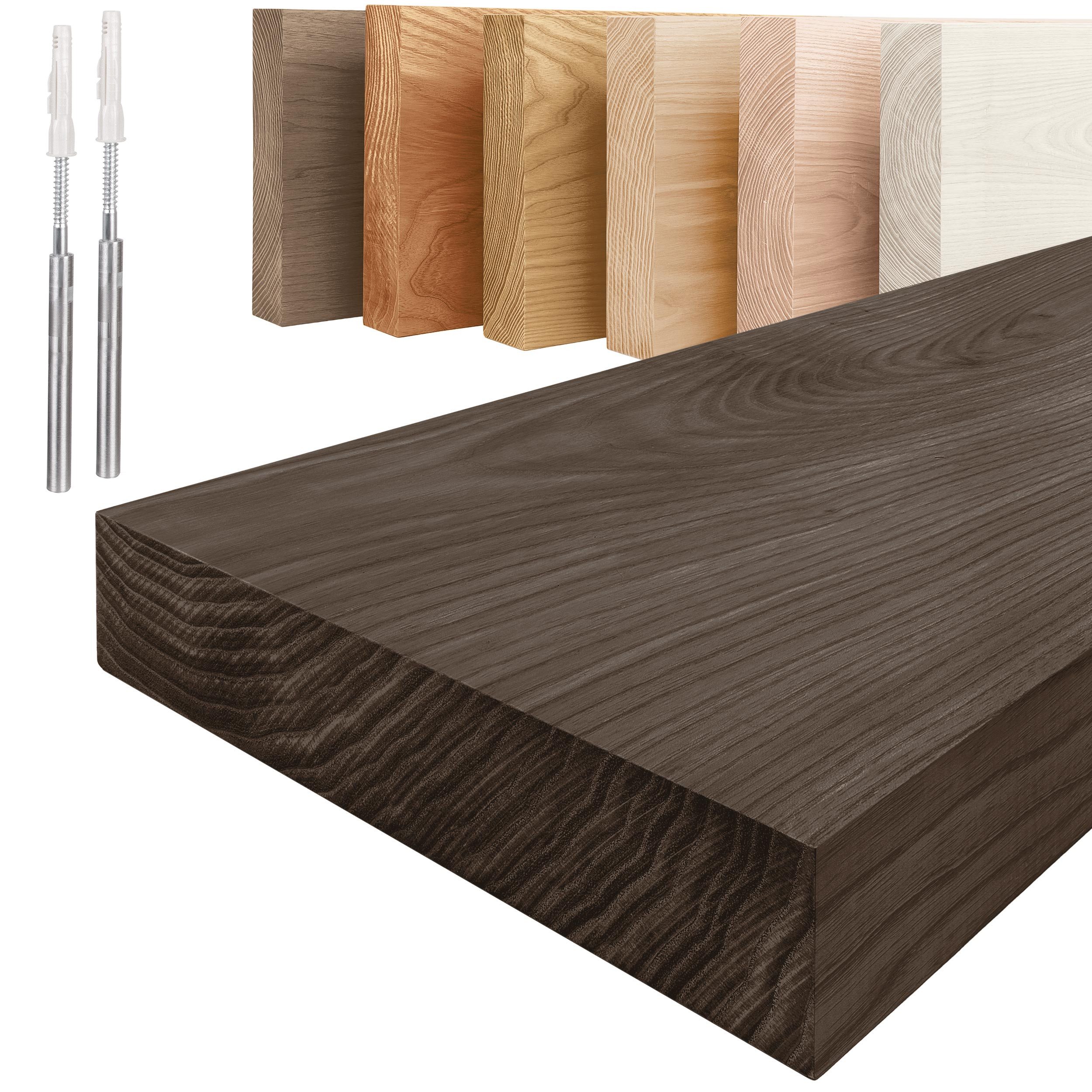 LAMO Manufaktur Wandregal Holz Gerade, Regal Farbe: Schwarz, Invisible: Schweberegal, 40 cm, Komplett-Set, 40mm stake Massivholzplatte