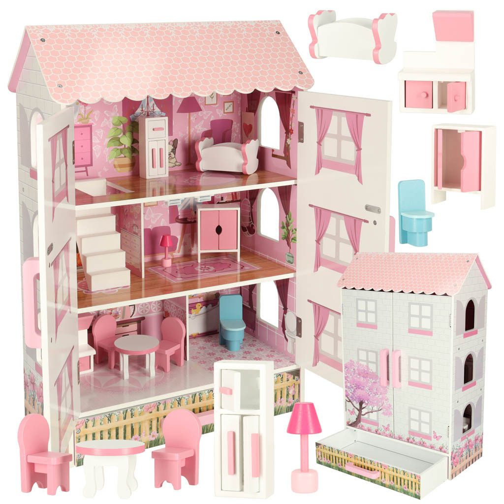 Ikonka Puppenhaus, (Holzpuppenhaus dreistöckig mit Möbeln, Holzpuppenhaus 8 günstig online kaufen