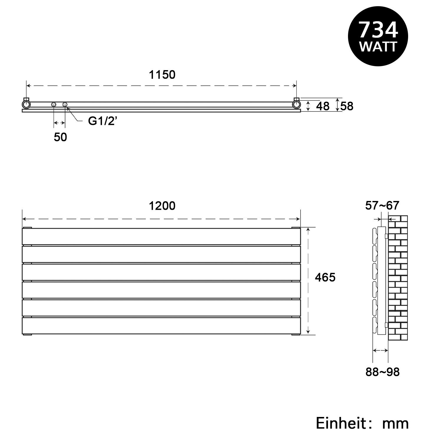 SONNI Heizkörper Heizkörper Wasserbeheizte Heizkörper,Breite 1200mm,Schwarz und Weiß