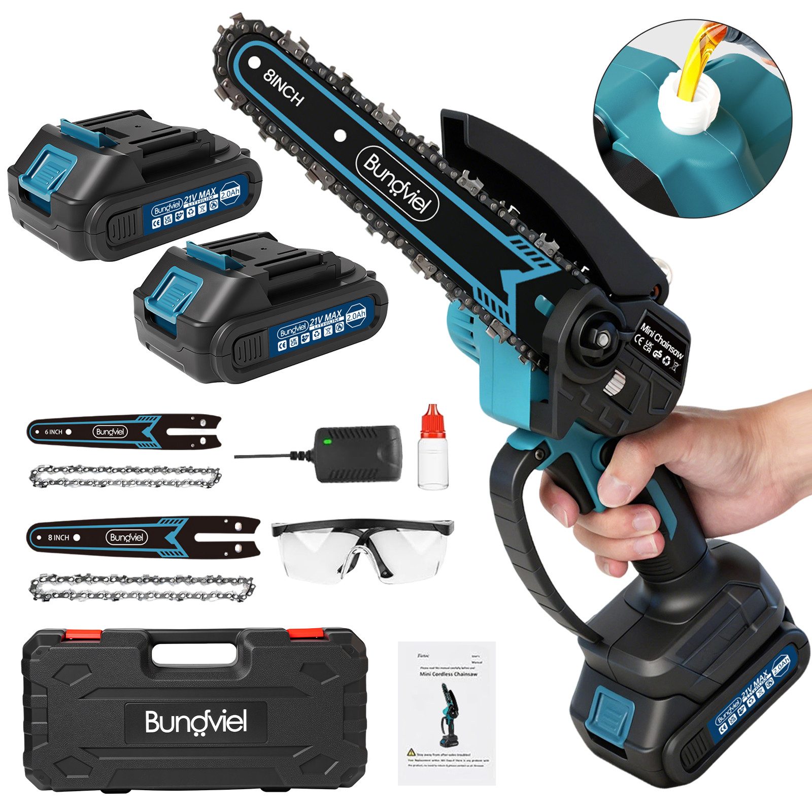 Bundviel Akku-Kettensäge Akku Kettensäge 6+8 Zoll Mini Kettensägen Bürstenloser Handkettensäge