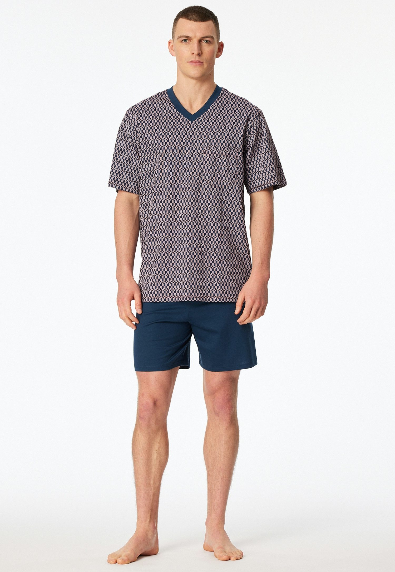 Schiesser Shorty Comfort Nightwear (2 tlg) mit klassischem Karo-Muster, V-Ausschnitt und aufgesetzter Brusttasche – Bild 5 von 5