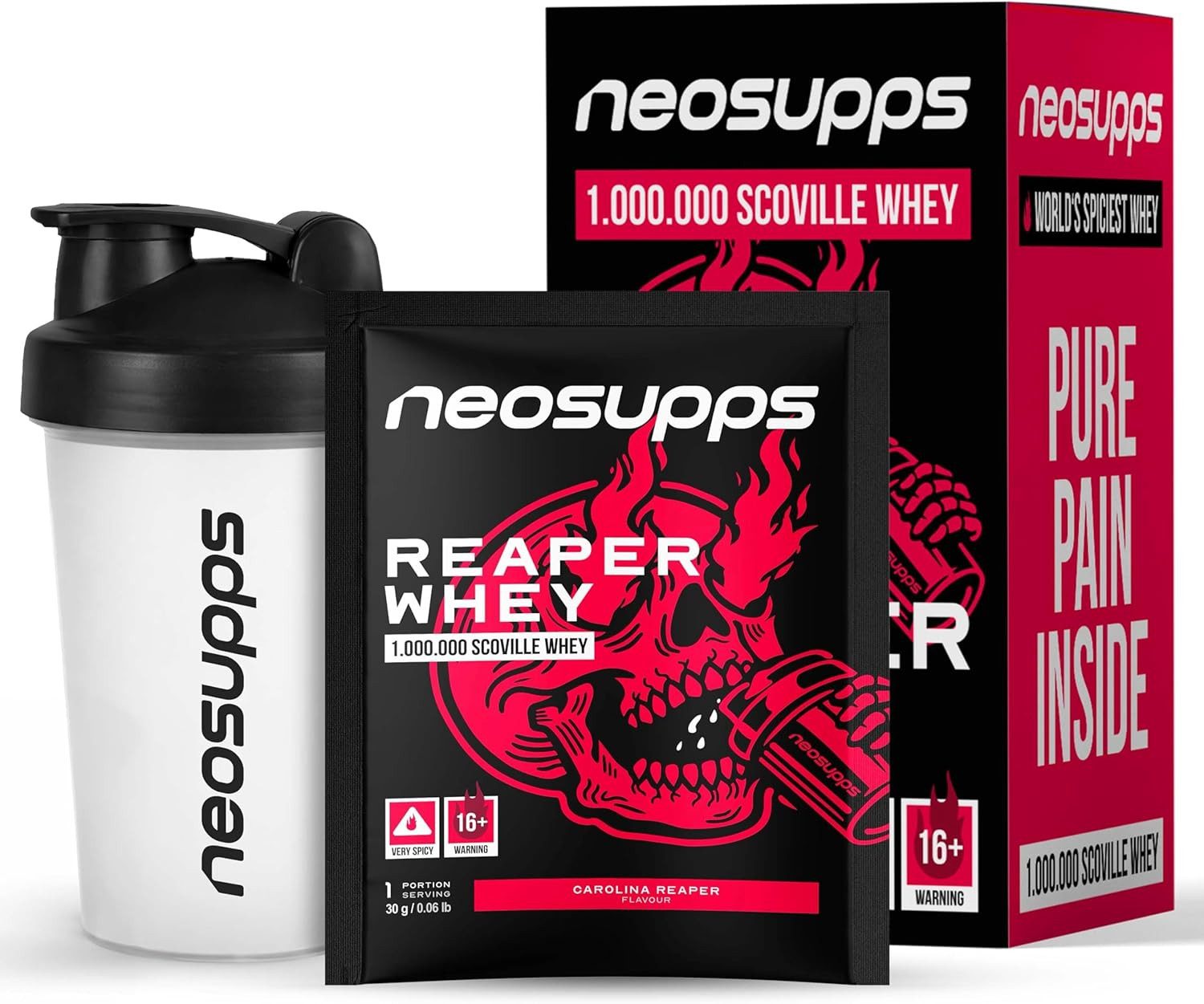 Neosupps Reaper Whey Box, Set mit Shaker, Shots & Protein Shake Challenge Pulver, 1.000.000 SCOVILLE Carolina Reaper Whey, Extrem scharfes Eiweiß Pulver