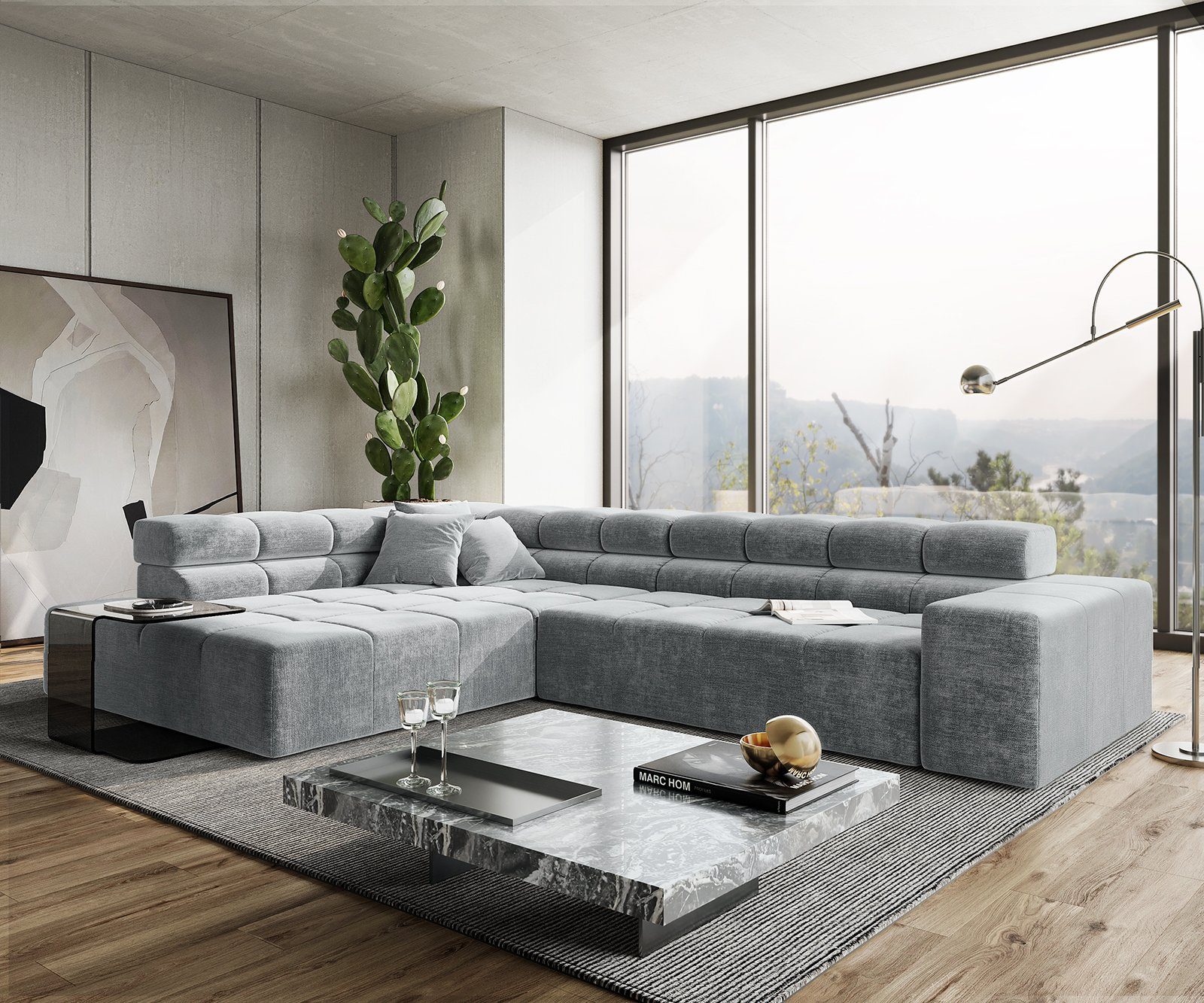 DELIFE Ecksofa Phia, Velour Grau 320x215 Ottomane links motor. Sitztiefenverstellung, Eckcouch