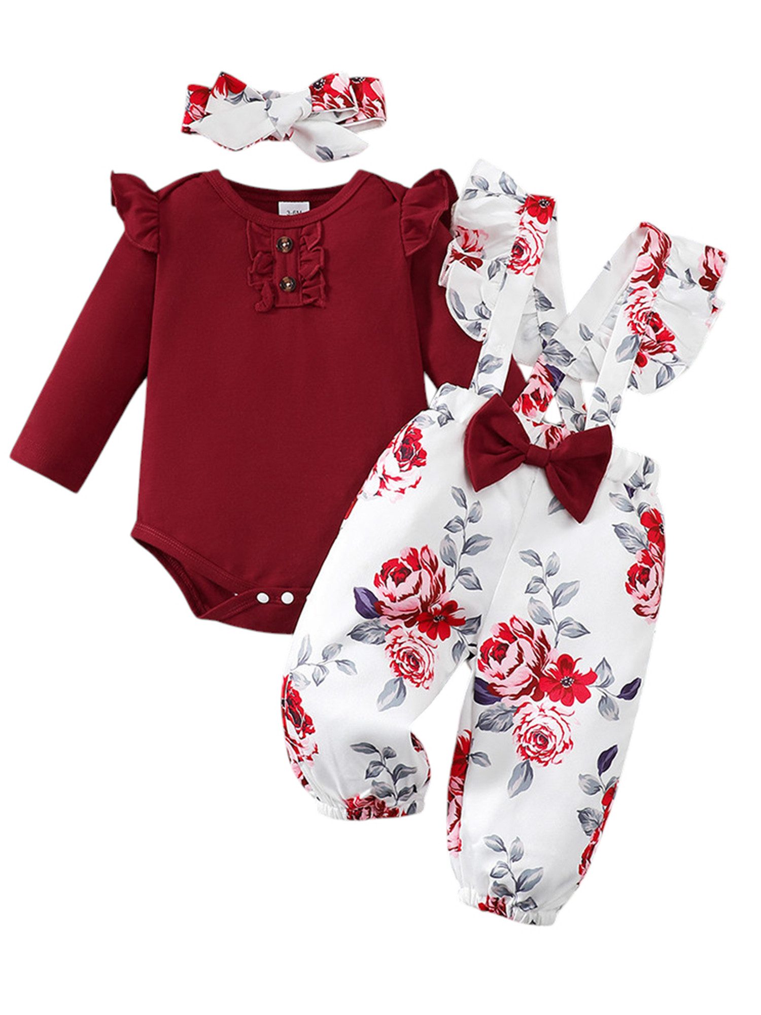 Gluckids Strampler Baby Mädchen Süßes Set Blumen Langarm Babykleidung Casual Anzug (3-tlg) Rüschen Overall + Hose+ Stirnband Set, Frühling Herbst Babykleidung